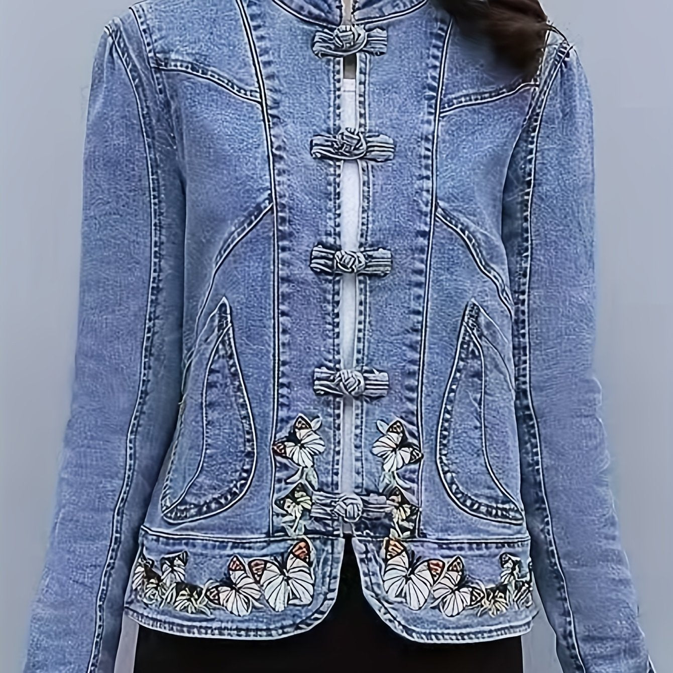 Women'S Vintage-Inspired Denim Jacket with Floral Embroidery - Short, Stretchy, Non-Stretch Fabric, Perfect for Spring & Fall, Casual Style Jacket|Vintage Denim Jacket|Embroidered Detail