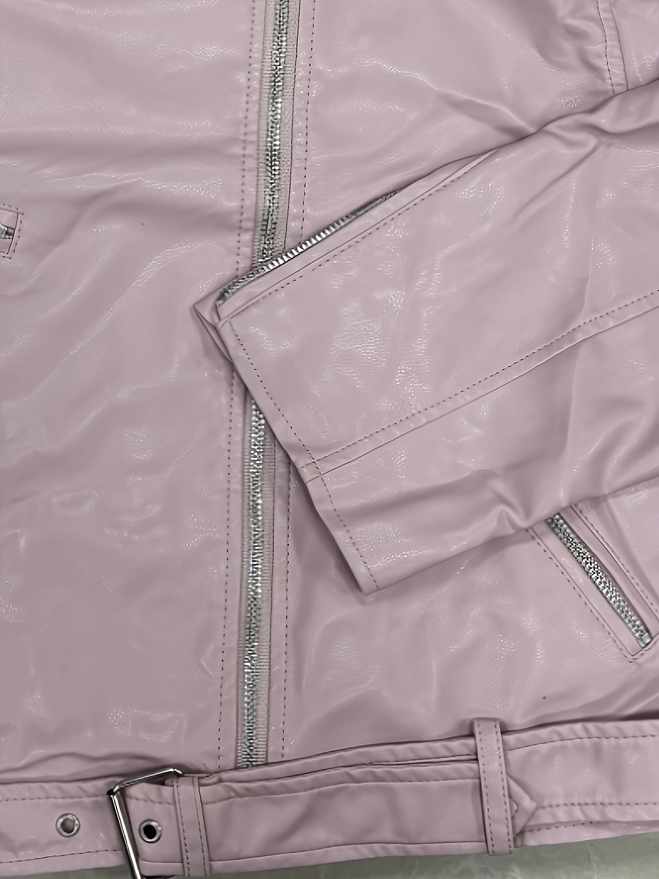 Women'S Chic Pink Faux Leather Jacket - Casual Short Style with Asymmetrical Hem, Zipper & Button Details, Perfect for Motorcycle Riding & Casual Attire, Motorcycle Jacket