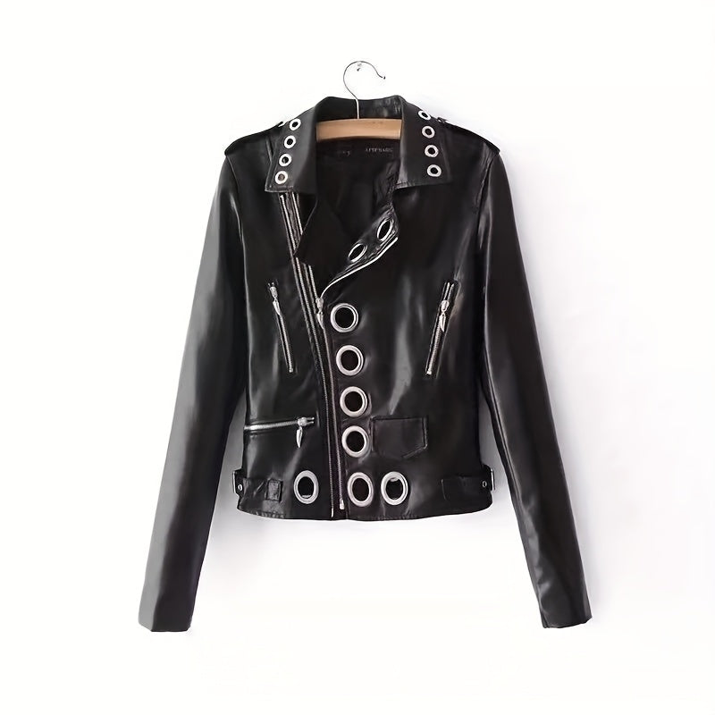 New style Women's versatile fashion PU Leather jacket, trendy cool motorcycle jacket, novelty ripped metal ring jacket for men and women, casual punk street style, perfect gift for men and women for holiday parties