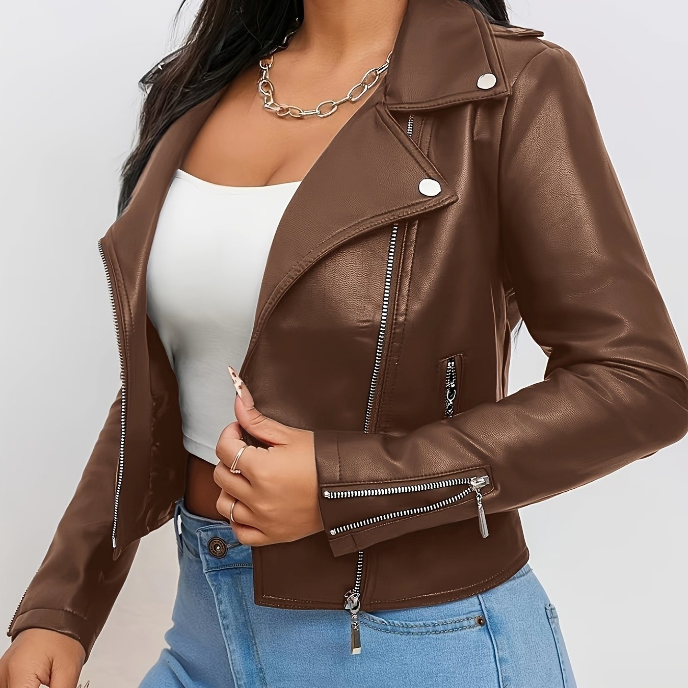 Women'S Chic Faux Leather Biker Jacket - Beige, Long Sleeve, Zipper Front, Pockets, Skinny Fit, Spring\u002FFall Fashion, Casual Attire Jacket|Chic Casual Jacket|Zippered Jacket