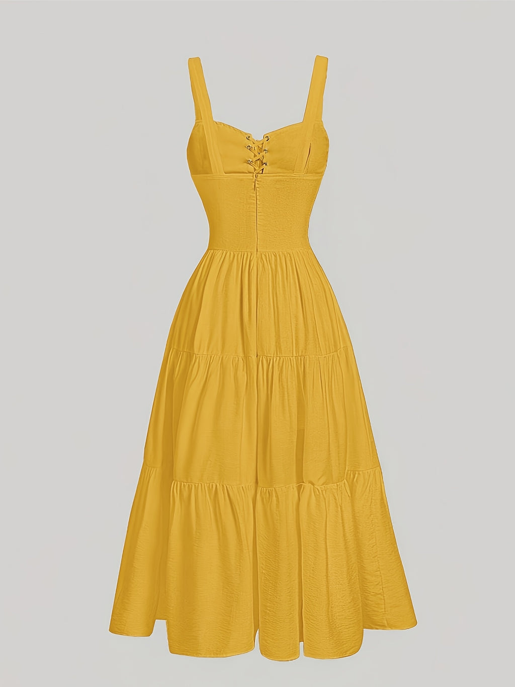 Women's Elegant V-Neck Lace Trim Tiered Maxi Dress - Mustard Yellow with Adjustable Back Ties, Fitted Bodice & Flowy Skirt, Machine Washable for Spring Summer Fall, Lace Dress