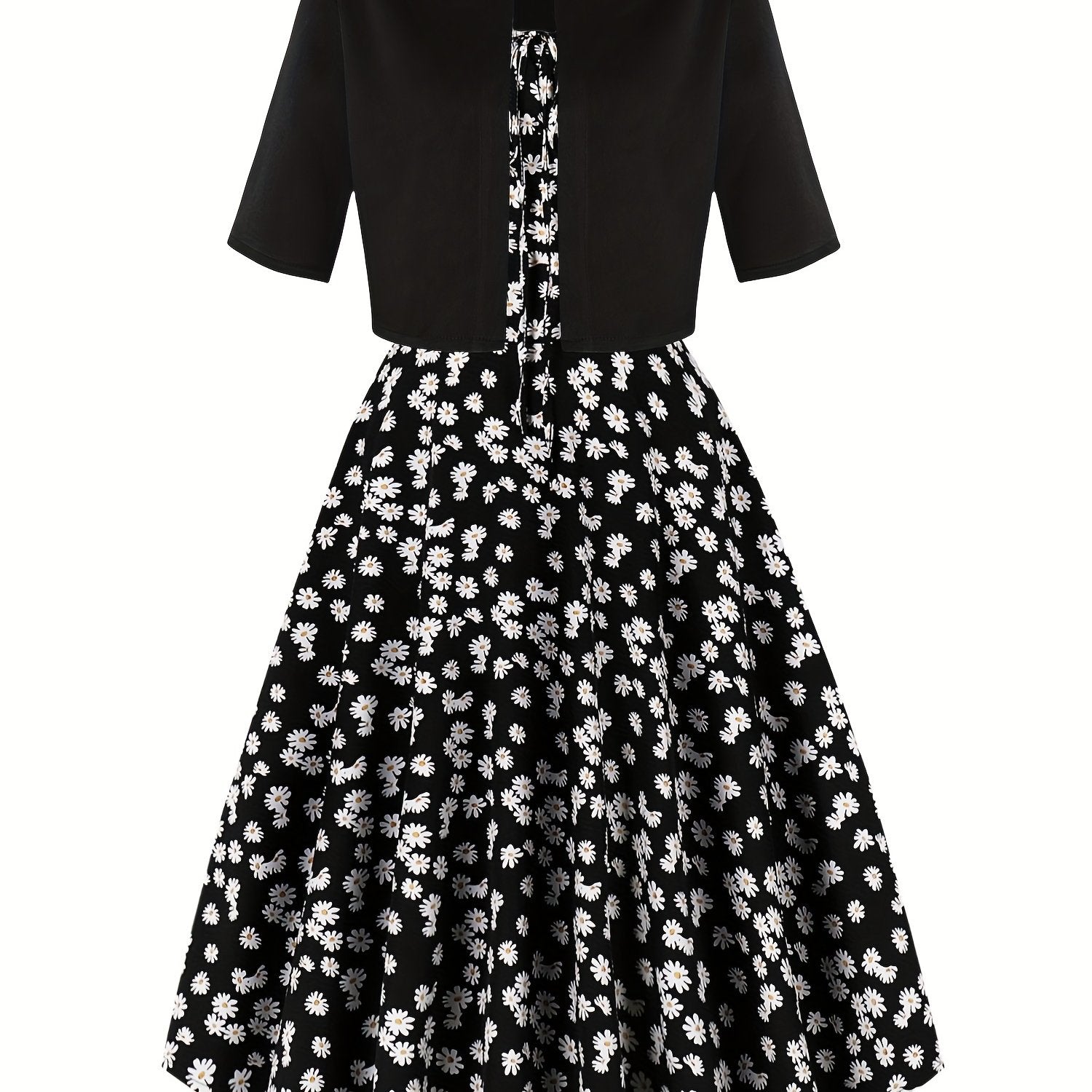 1pc Elegant Floral Print Two-Piece Dress Set, Polyester 100%, Crew Neck, Short Sleeve Top with Bow Detail, Woven Skirt, Spring\u002FSummer Party Outfit
