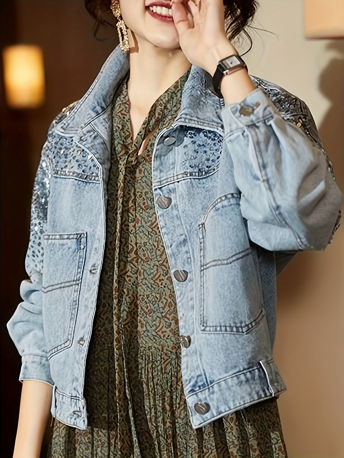Women'S Vintage-Inspired Faux Denim Jacket with Sequin Pockets - Casual Yet Chic Long Sleeve Button-Up Outerwear for Spring\u002FSummer, Non-Stretch Fabric, Casual Wear Jacket|Vintage Faux Denim Jacket|Sleek Casual Styl