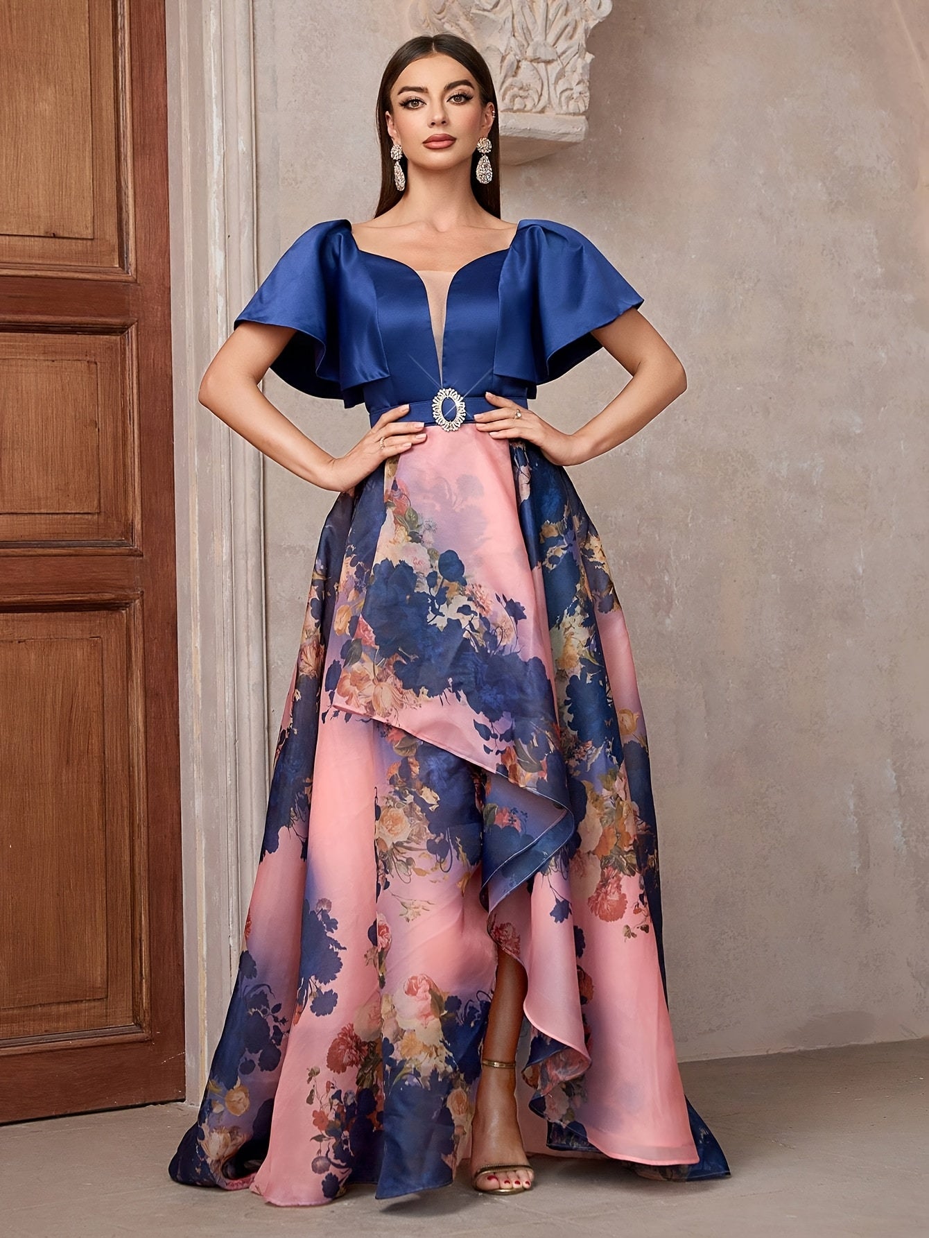 TOLEEN Elegant Floral Print Halter Dress with Belt - Sweetheart Collar, Ruffle Hem, Sleeveless Long Gown for Bridesmaids & Weddings, Polyester, All-Season Wear, Bridesmaid Dress | Ruffle Hem Dress | Polyester Fabri