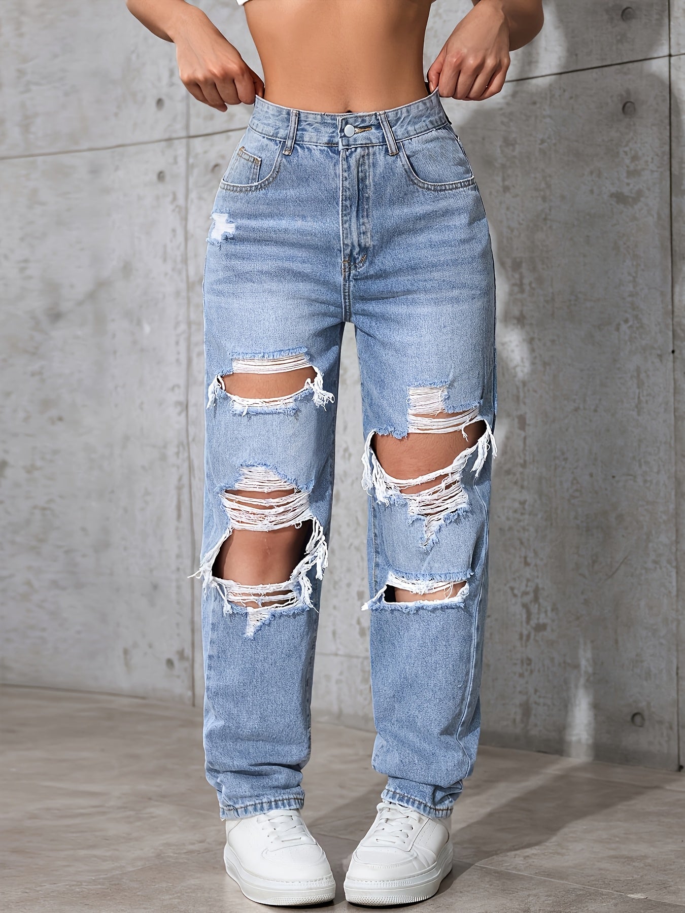 Light Blue Distressed Straight-Leg Vintage Long Pants