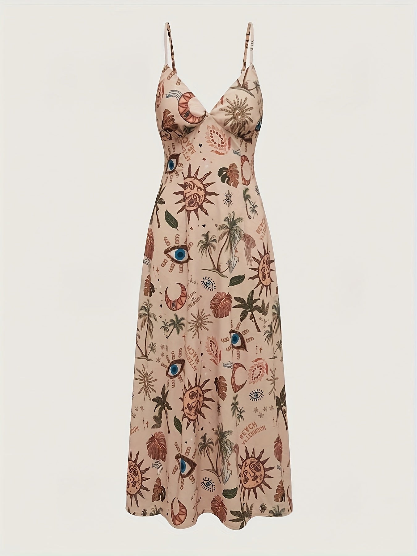 Vintage Floral Print Maxi Dress with V-Neck and Adjustable Spaghetti Straps - Sleeveless, Flowy Summer Dress for Women, Beige\u002FBlack, Polyester Lining, Perfect for Casual Outings
