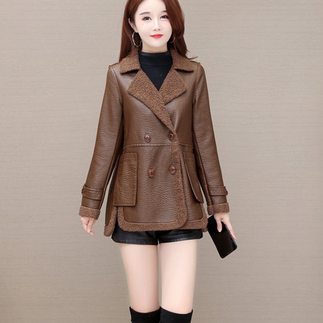 Elegant PU Leather Reversible Jacket for Women - Warm Fleece-Lined, Casual Loose Fit with Pockets, Solid Color, Polyurethane Material, Perfect for Fall\u002FWinter