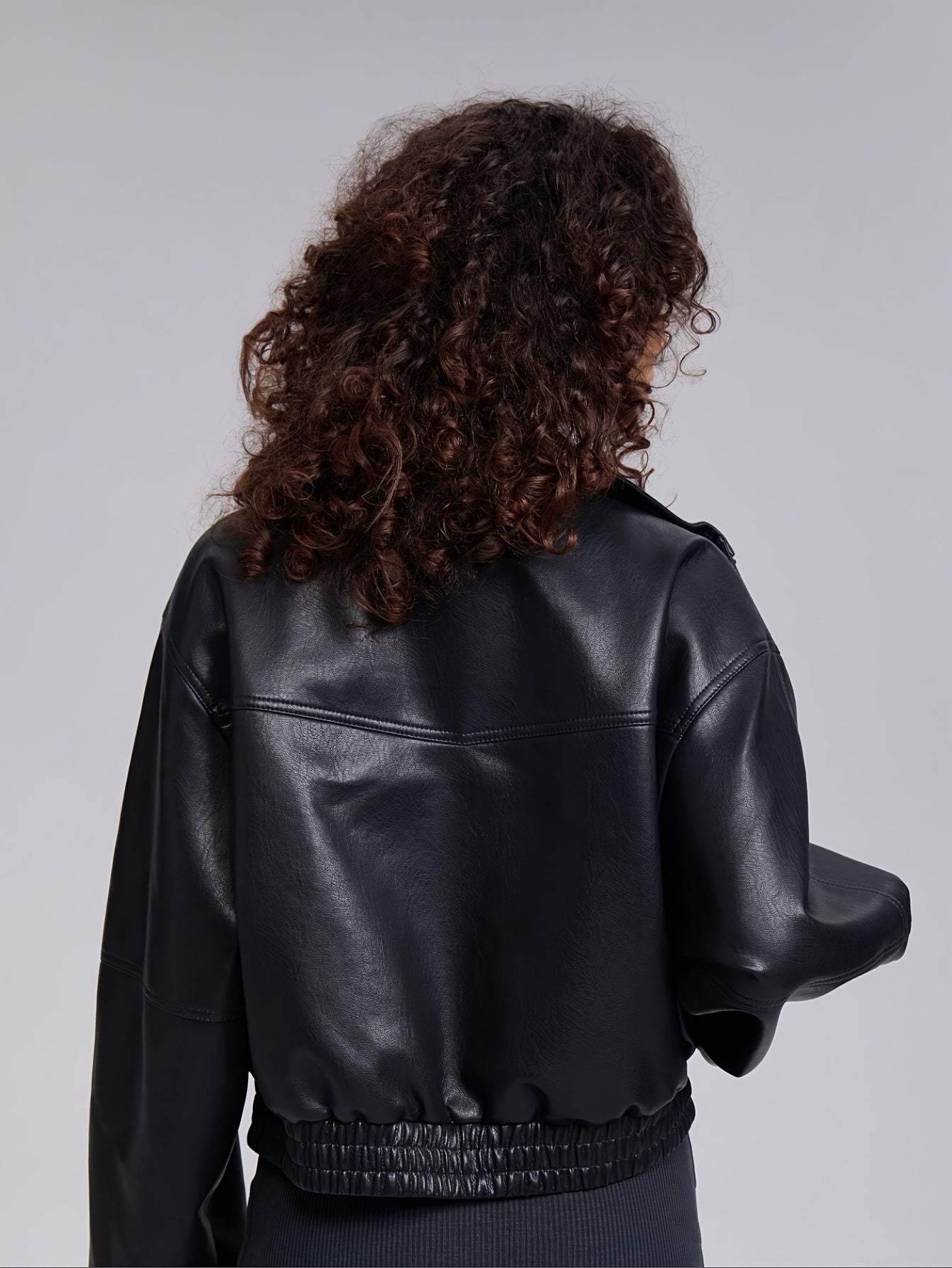 Women'S Casual Stand Collar Black Cropped Jacket, Faux Leather with Zipper, Solid Color, Long Sleeve, Short Length, Fall\u002FWinter Outerwear, 91% Polyester 5% 4% Viscose