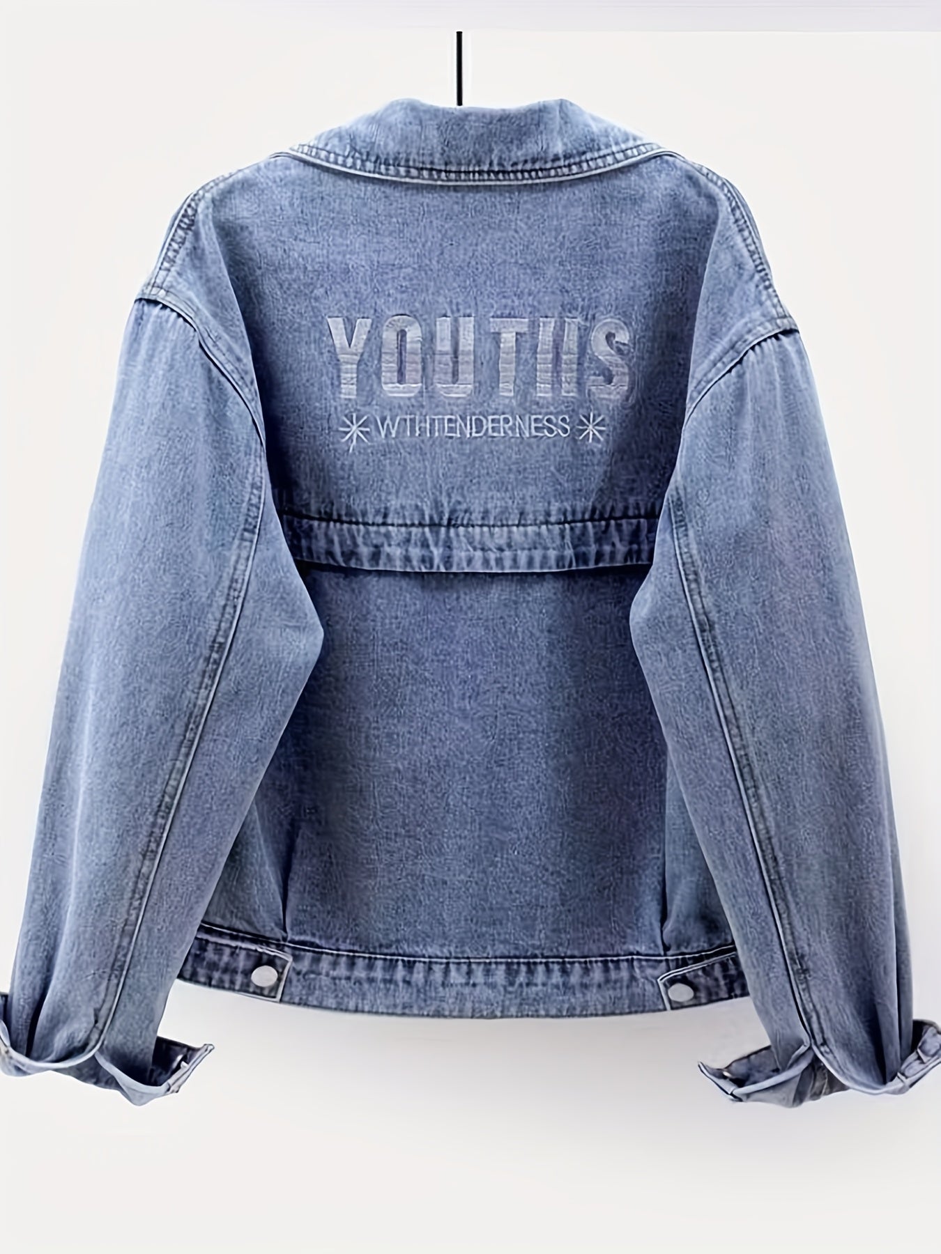 Women's Relaxed Fit Denim Jacket with Letter Embroidery - Lightweight 100% Polyester Machine-Washable Spring\u002FFall Casual Chic Coat for Commuting & Casual Attire