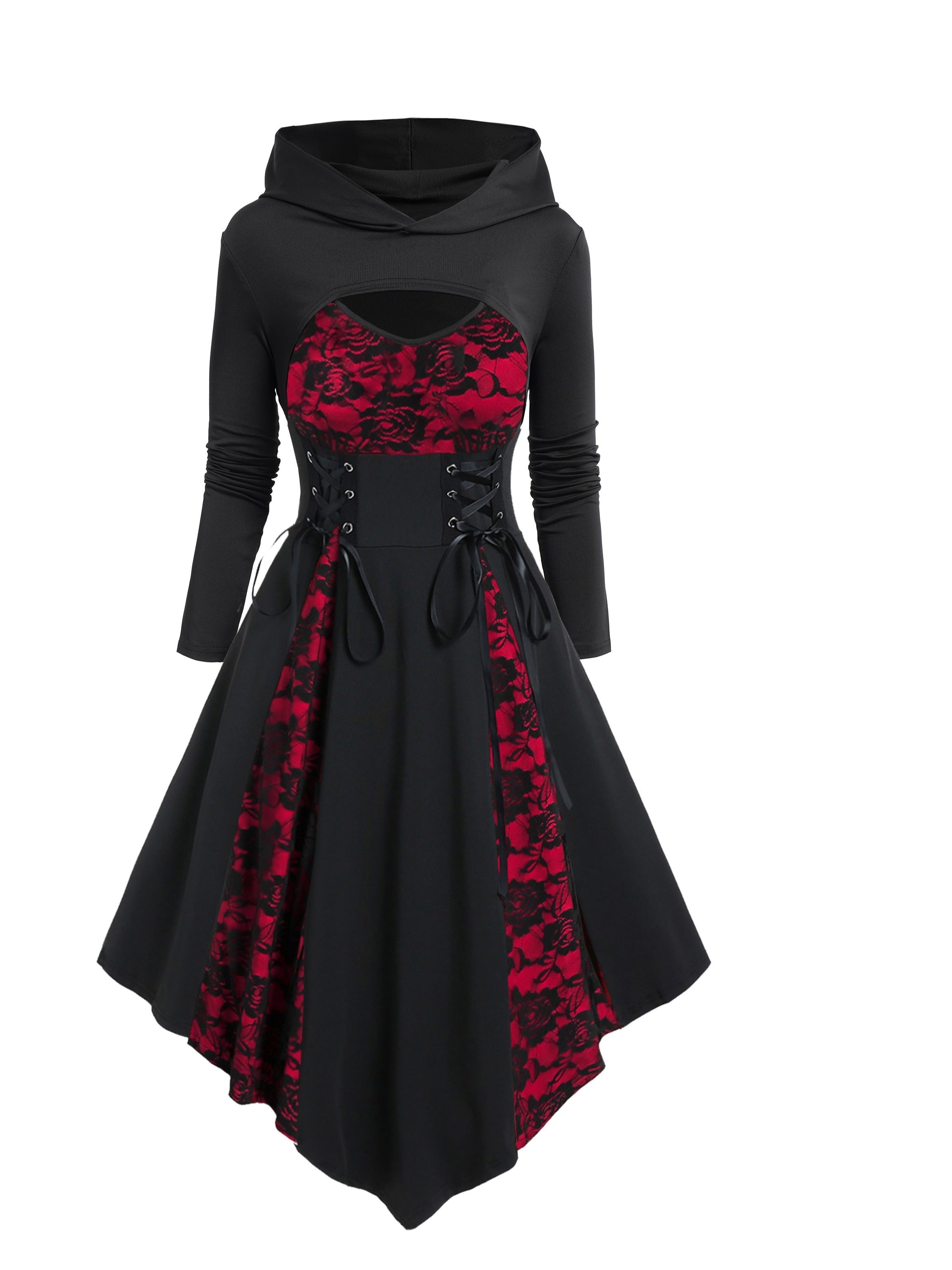 Gothic-Inspired Women's Outfit Set: Rose Lace Contrast Dress with Tie Waist & Long Sleeve Top, Plus Matching Hat - Perfect for Christmas & Casual Parties