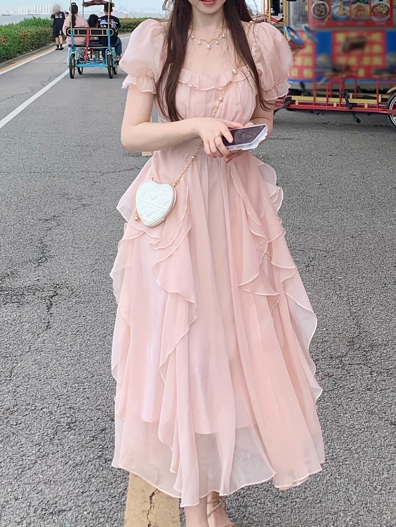 Elegant French-Inspired Midi Dress with Ruffled Sleeves and Square Neckline - Beaded Cinched Waist, Flowing A-Line Silhouette, Perfect for Spring\u002FSummer, Cute Dres