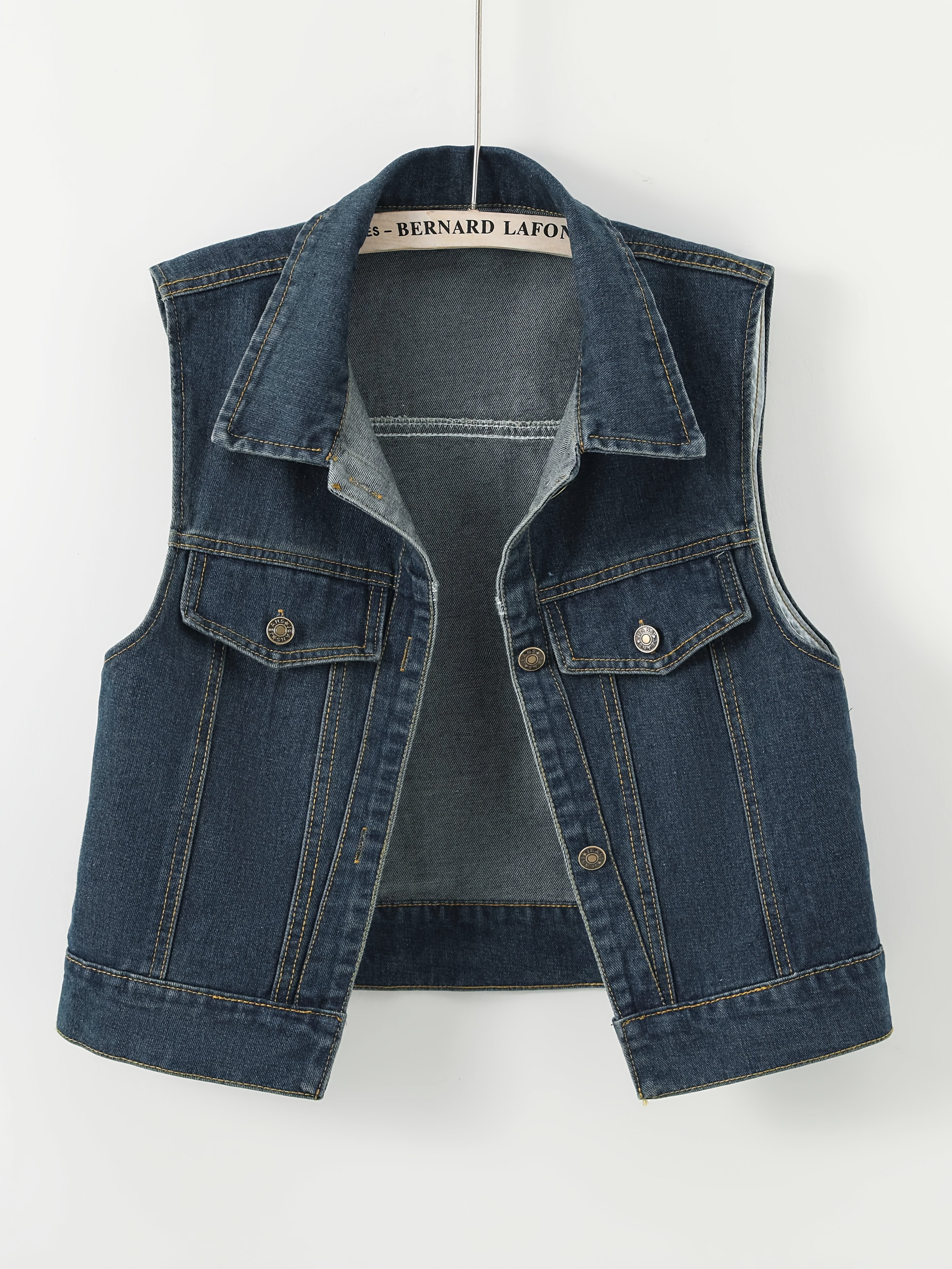 Women's Sleeveless Denim Vest - Retro Distressed Blue Washed -like Texture, Machine Washable All-Season Layering Piece, Casual Chic Short Jacket for Everyday Outfits, Sleek Flap Pockets