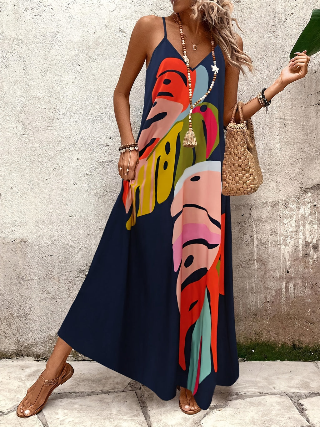 Women's Tropical Leaf Print Sleeveless Maxi Dress - Vibrant Orange & Green Loose Fit Summer Dress with Thin Straps, Machine Washable for Beach Vacations & Casual Outings, Warm Weather Clothing | Flowing Maxi Dress | Lightweight Fabric, Beach Dress