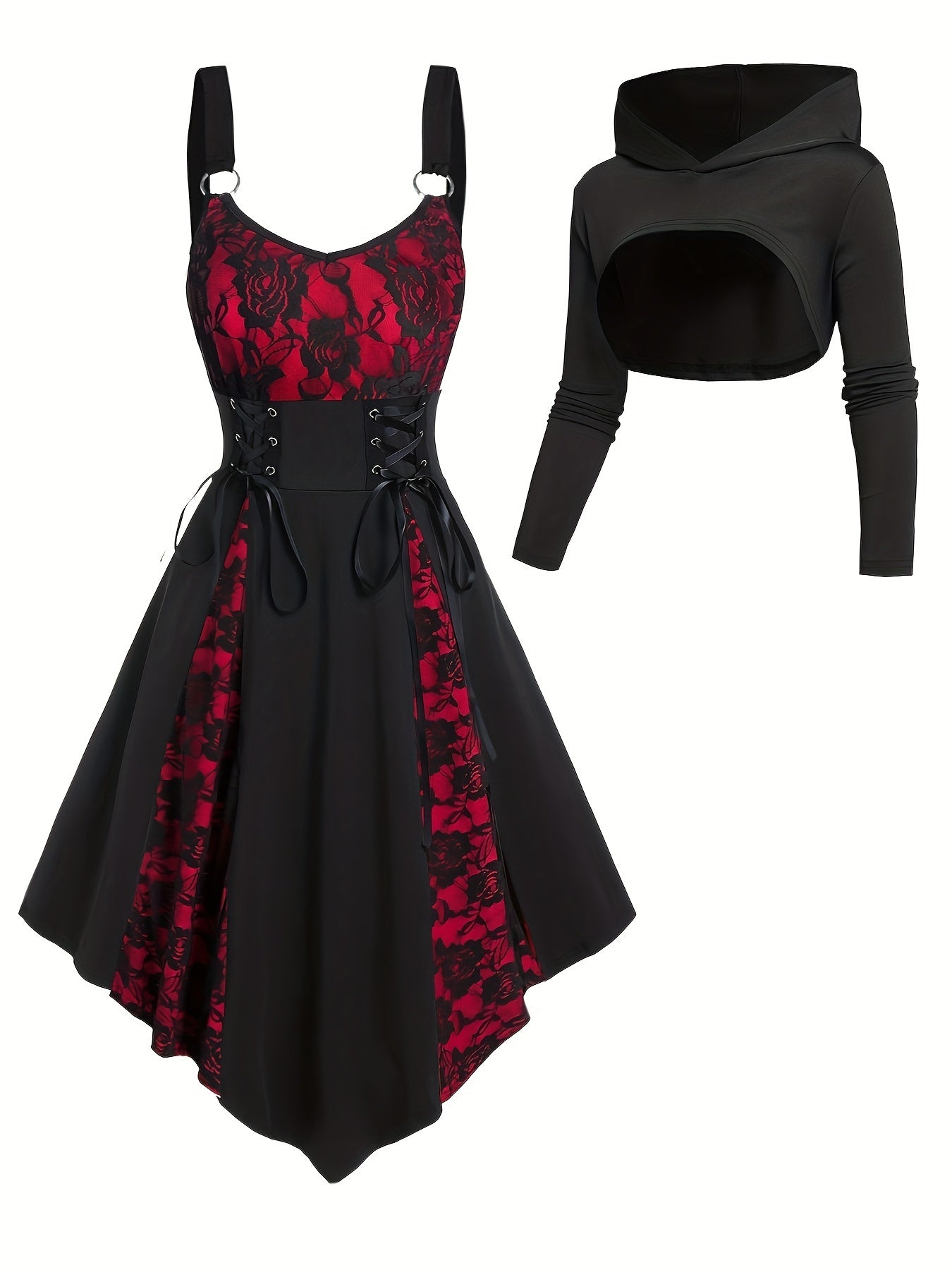 Gothic-Inspired Women's Outfit Set: Rose Lace Contrast Dress with Tie Waist & Long Sleeve Top, Plus Matching Hat - Perfect for Christmas & Casual Parties