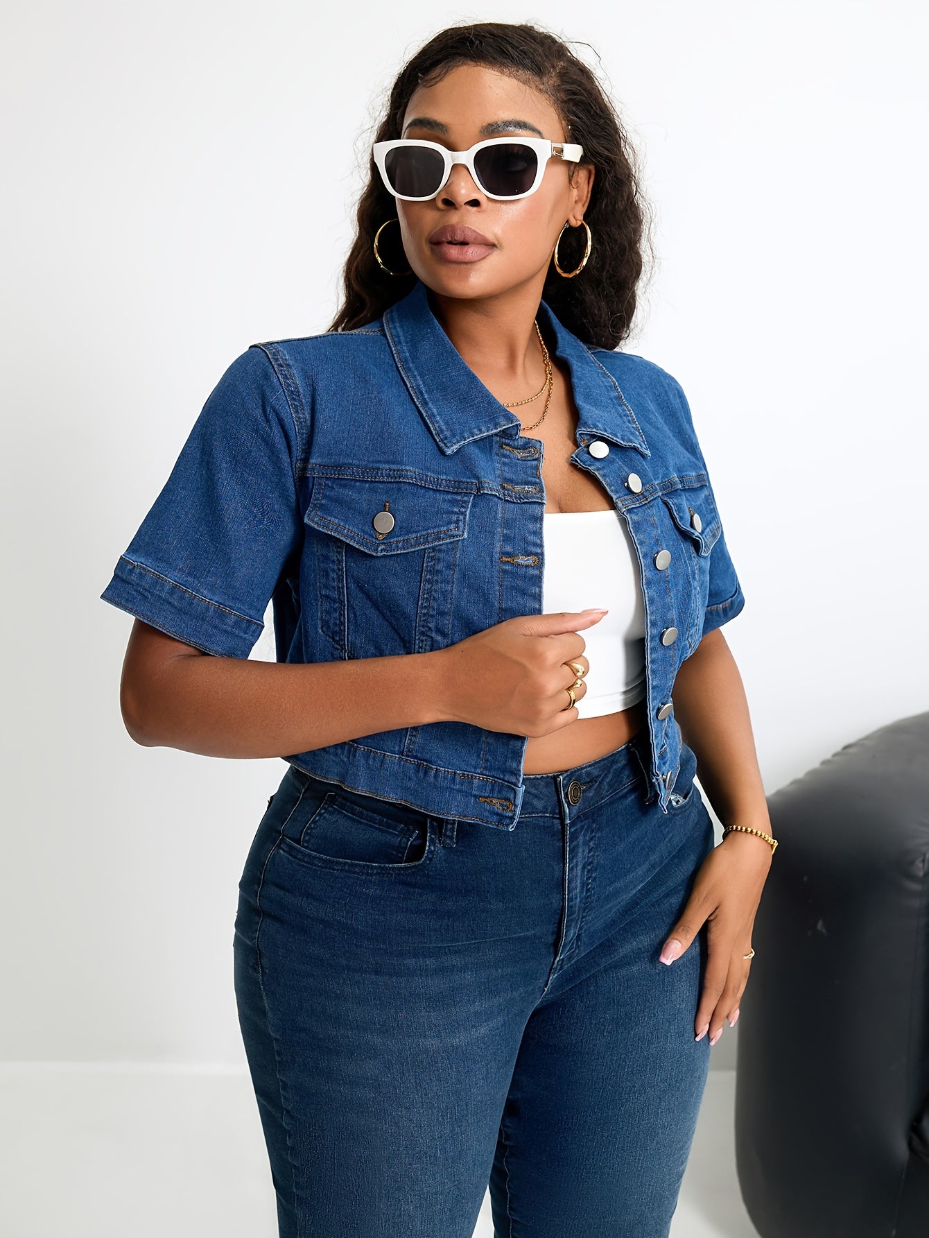 Plus Size Women'S Stretch Denim Short Sleeve Vest - Elegant V-Neck Button-Up Jacket with Pockets, Medium Stretch Fabric, Perfect for Spring\u002FSummer Casual Wear, Jean Jacke