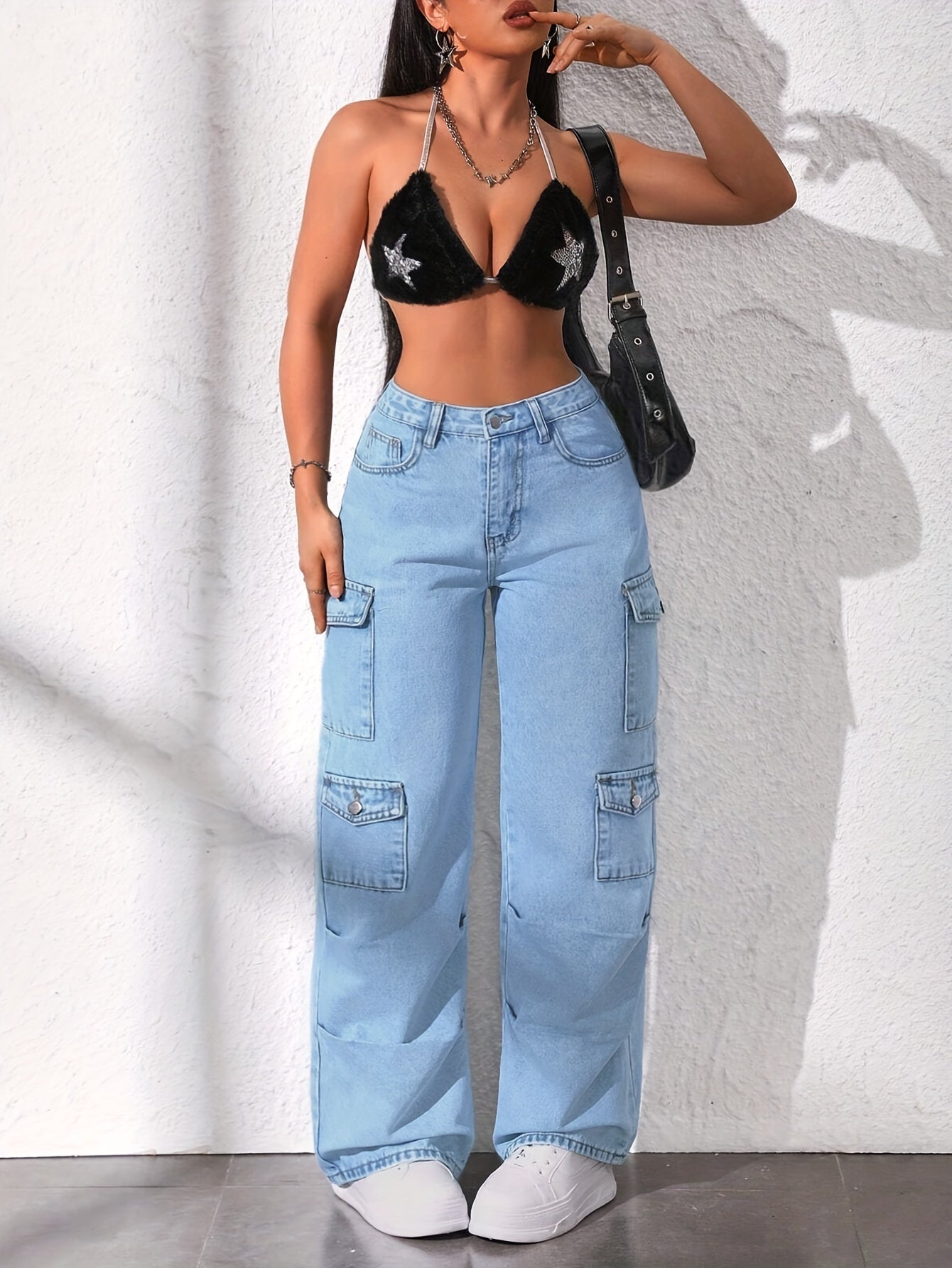 1pc Women's High-Waisted Cargo Jeans, Light Blue Washed Loose Fit, Mid-Stretch Wide-Leg Denim Pants with Multiple Pockets, Casual Style, No Belt, Solid Color, All Seasons