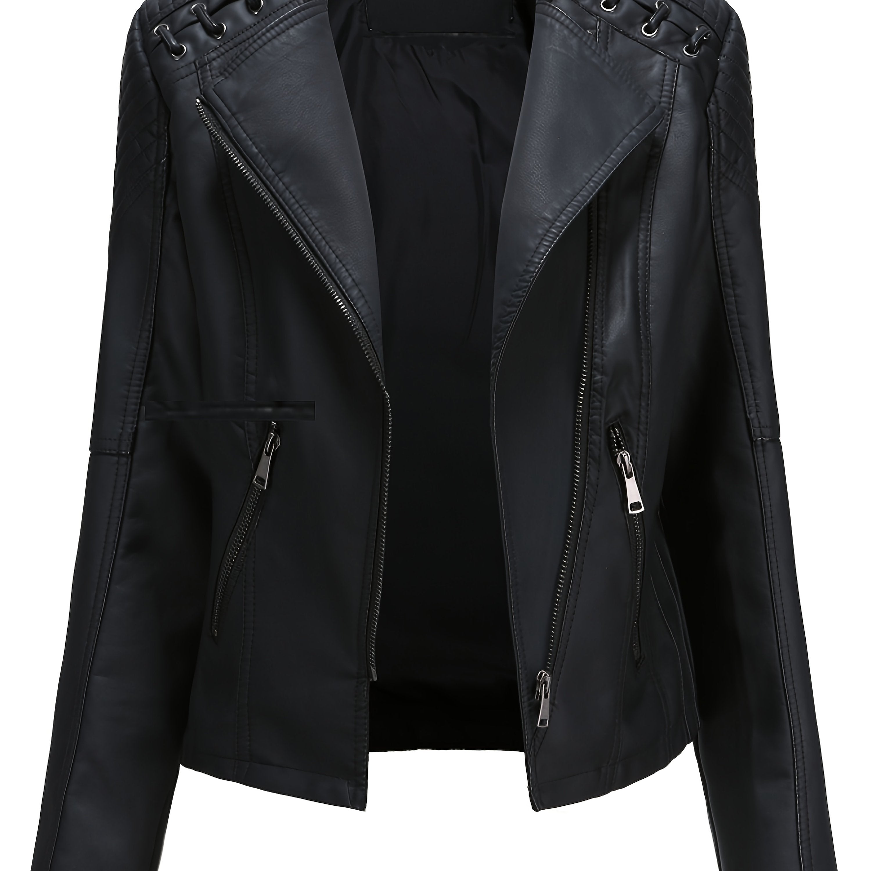 Short Silvery Zippered Motorcycle Jacket Black PU Moto Coat - Stand-Up Collar with Metal Buckles, Slim Fit Short Length, Shoulder Stitched Texture, Zippered Pockets