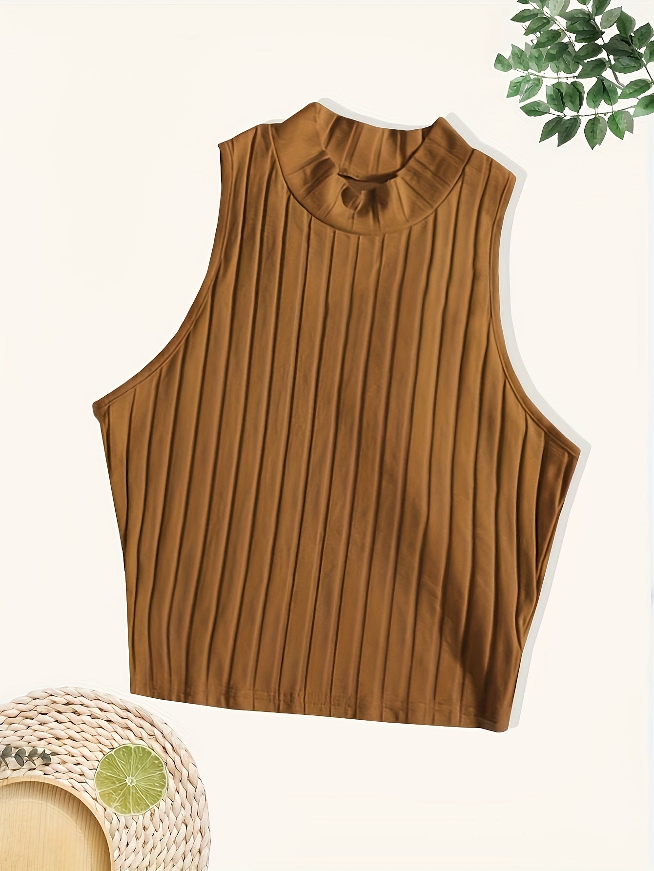 Middle East Special Solid Color Ribbed Vest 4pcs Set, Elegant Stand-up Collar Sleeveless Navel Top