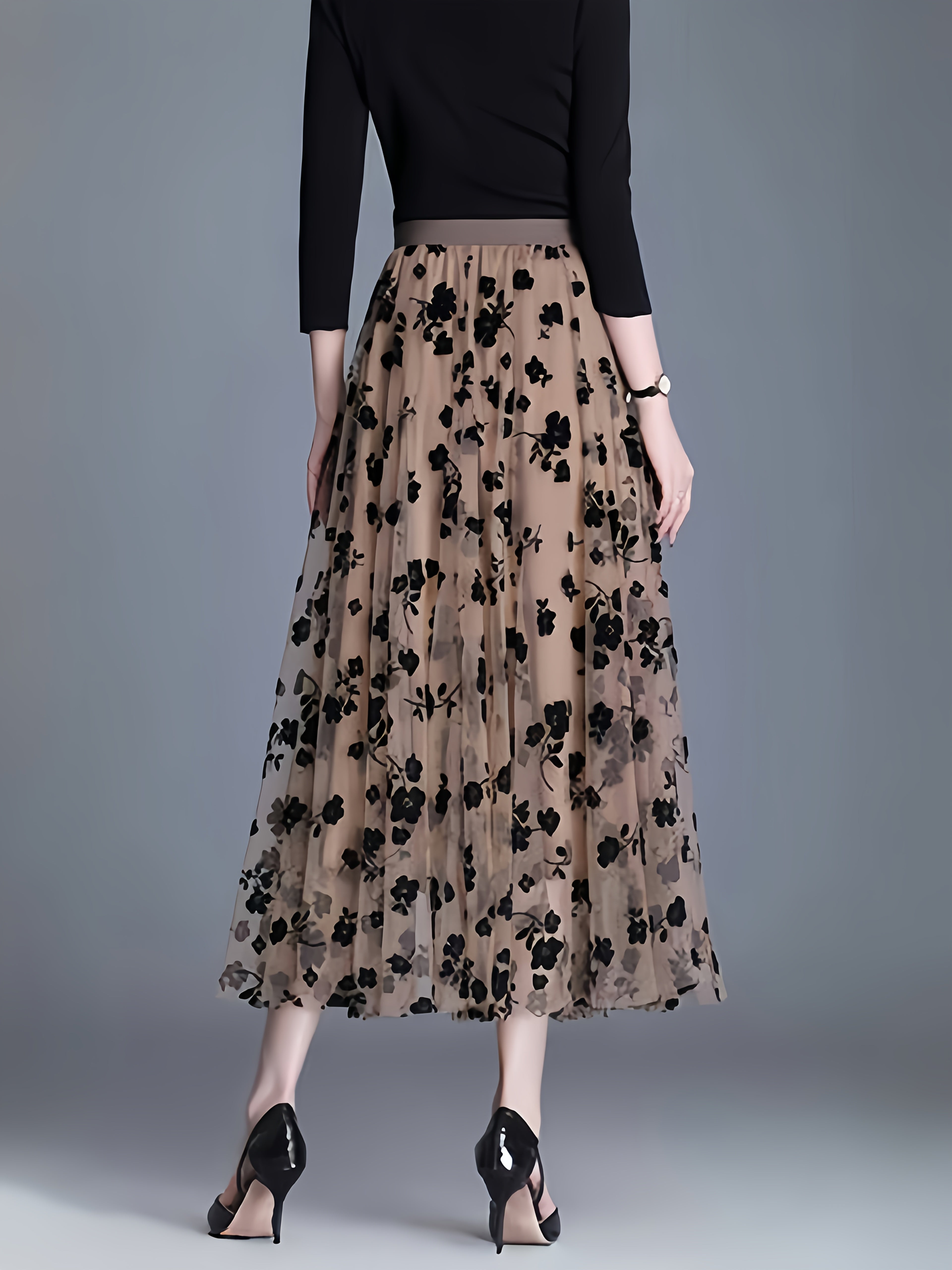 Directional Elegant Floral Printed Mesh Skirt, High-Waisted Casual Long Skirt, Women'S Clothing