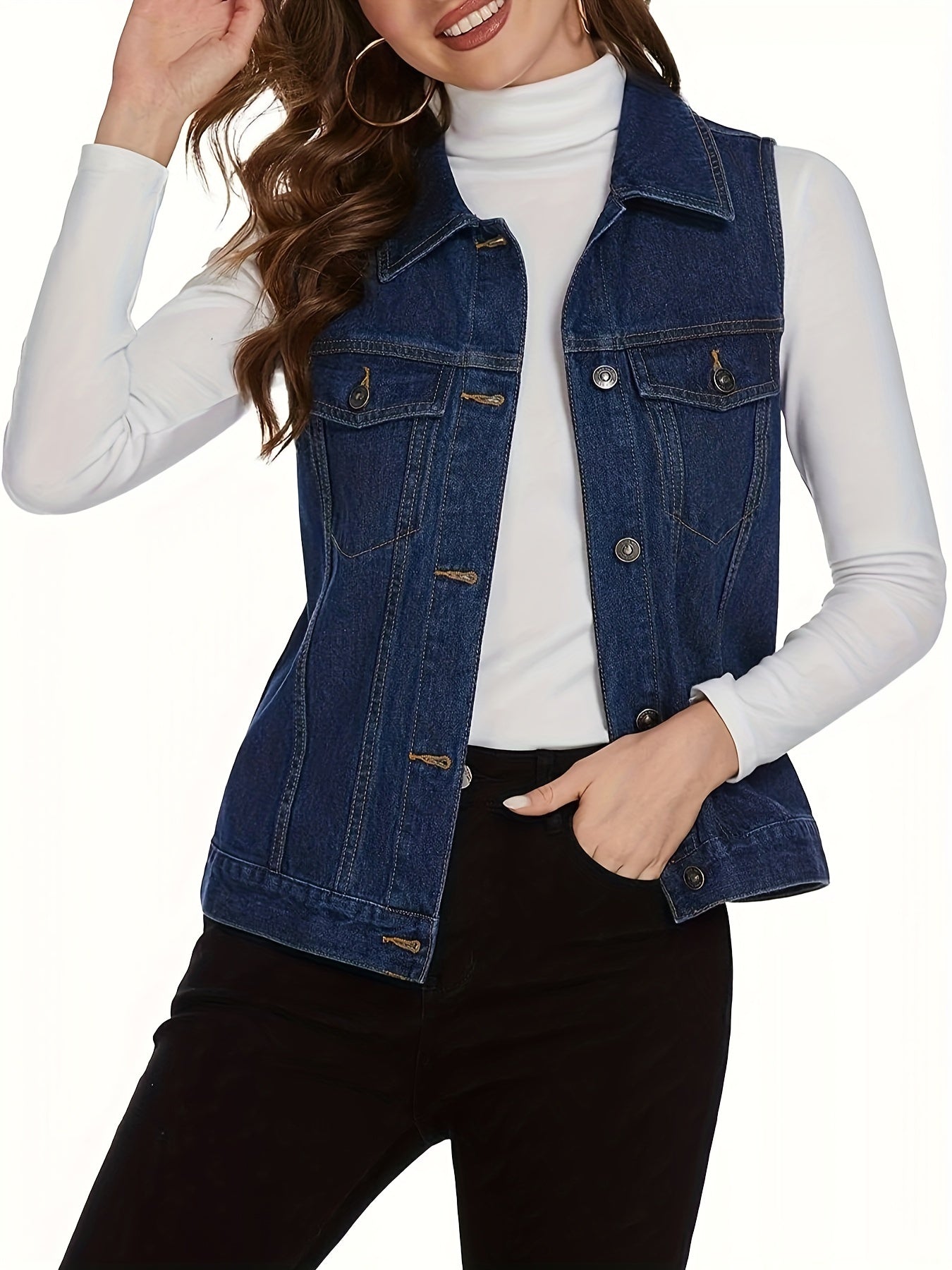 Women's Sleeveless Denim Vest Jacket with Flap Pockets - Casual Light Blue Jean Vest for Spring\u002FFall, Machine Washable, Classic Collar Design