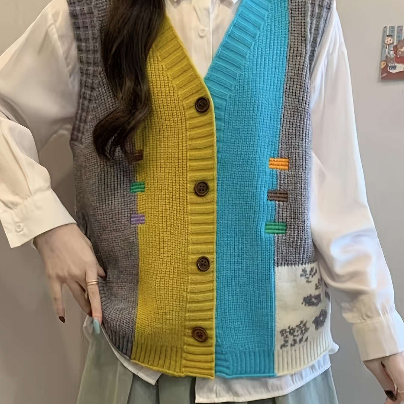 Women's Color Block V-Neck Knit Cardigan Vest - Stylish Loose Fit Sweater with Button Details, Acrylic Blend for Spring\u002FFall, Lightweight & Versatile Outerwear, Lightweight Cardigan