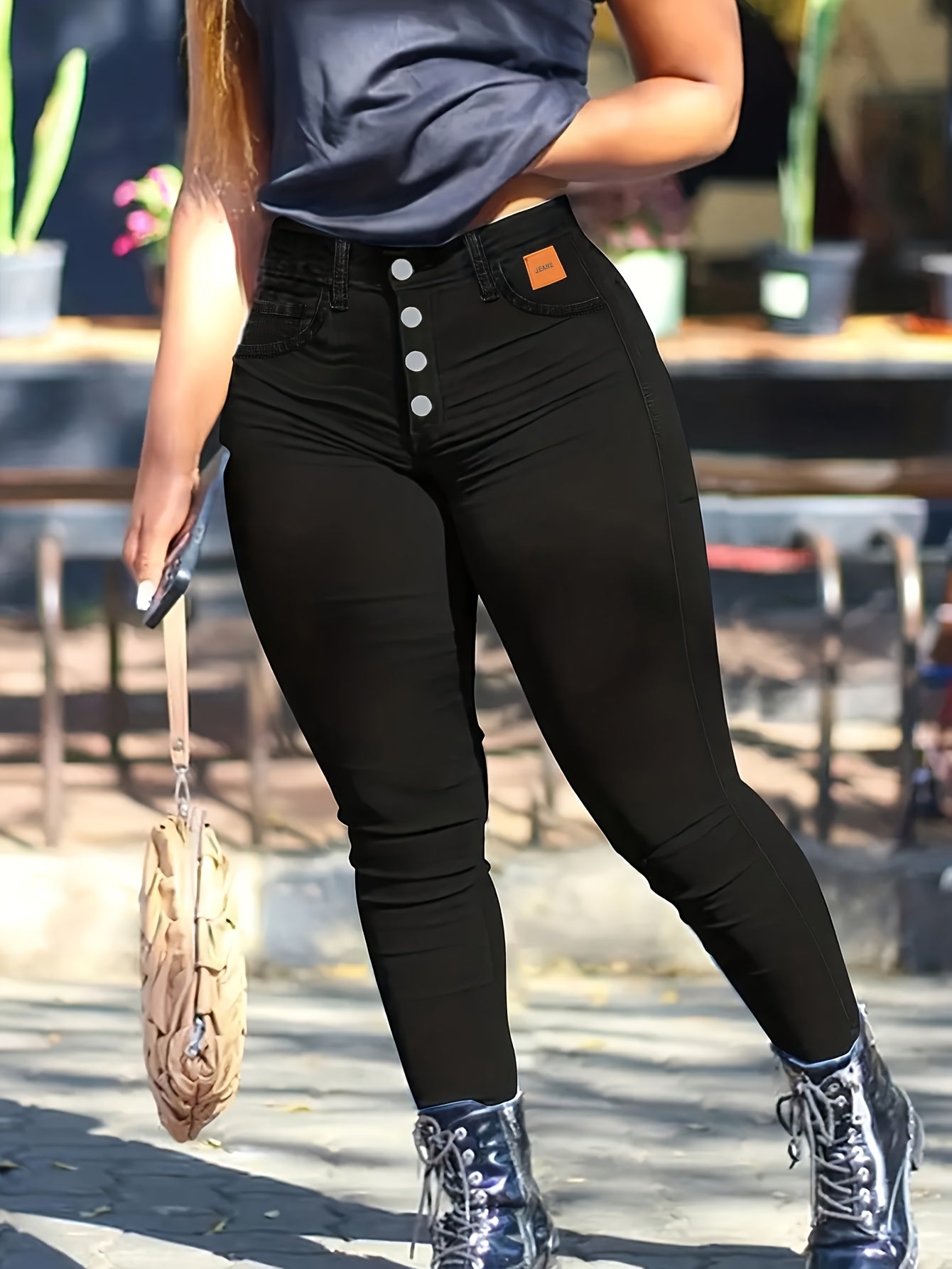 Women's Elegant Skinny Jeans with Button Detail - High-Stretch Viscose Blend, Solid Color, Comfort Fit Denim Pants for All Seasons