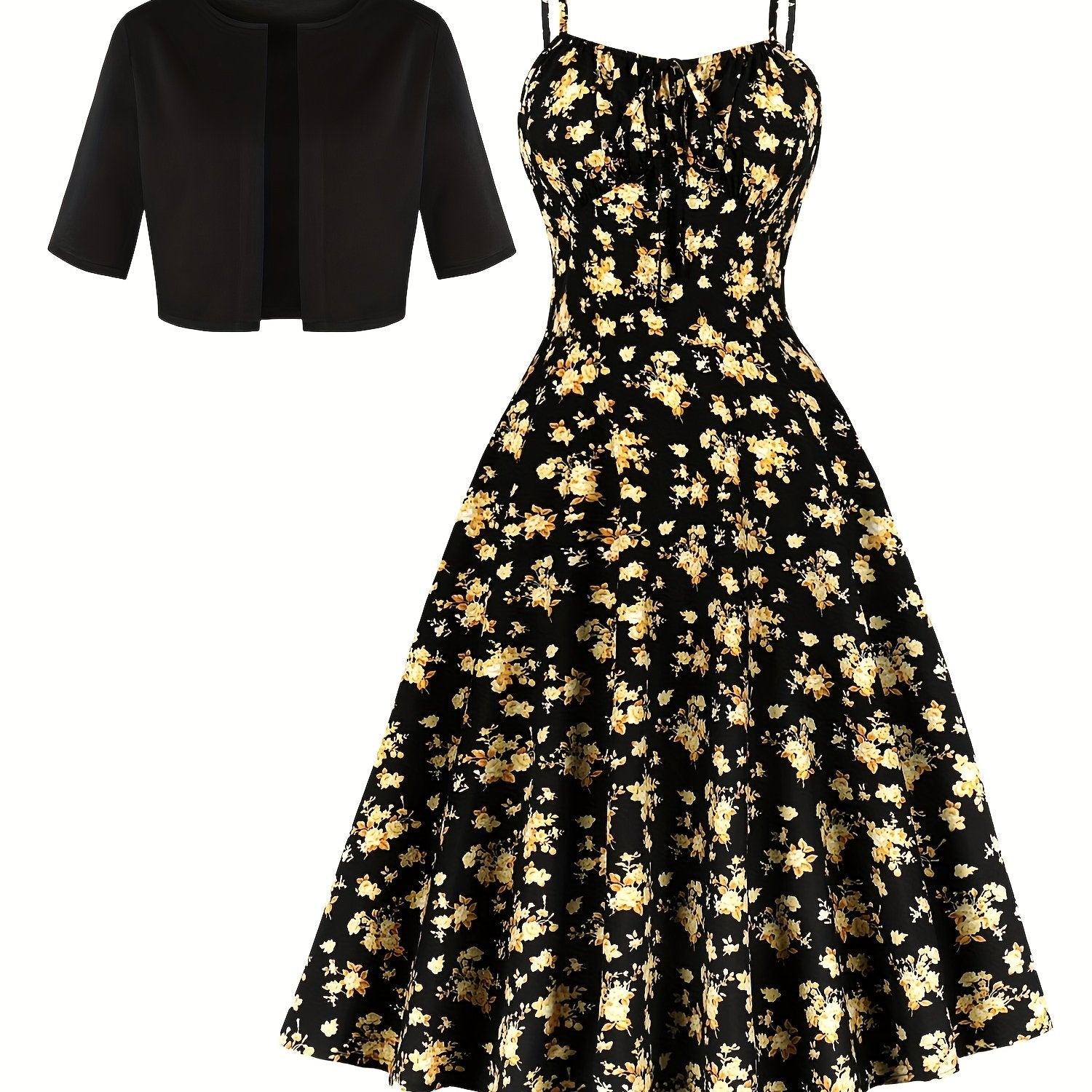 Charming Floral Strap Skirt Women's Sweet Versatile Black Blouse Dress Set