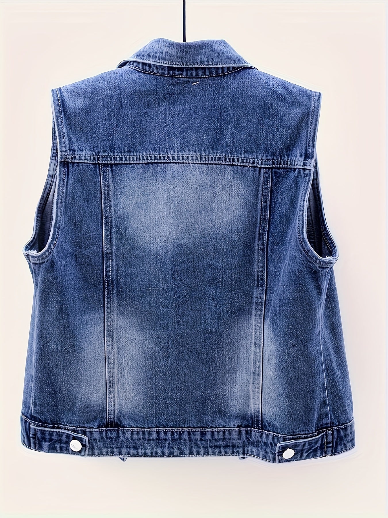 Women's Sleeveless Denim Vest with Pearl Details - Distressed Ripped Jean Jacket, Flap Pockets, Raw Hem, Button-Up Front, Light Blue Denim, Elegant Summer Style