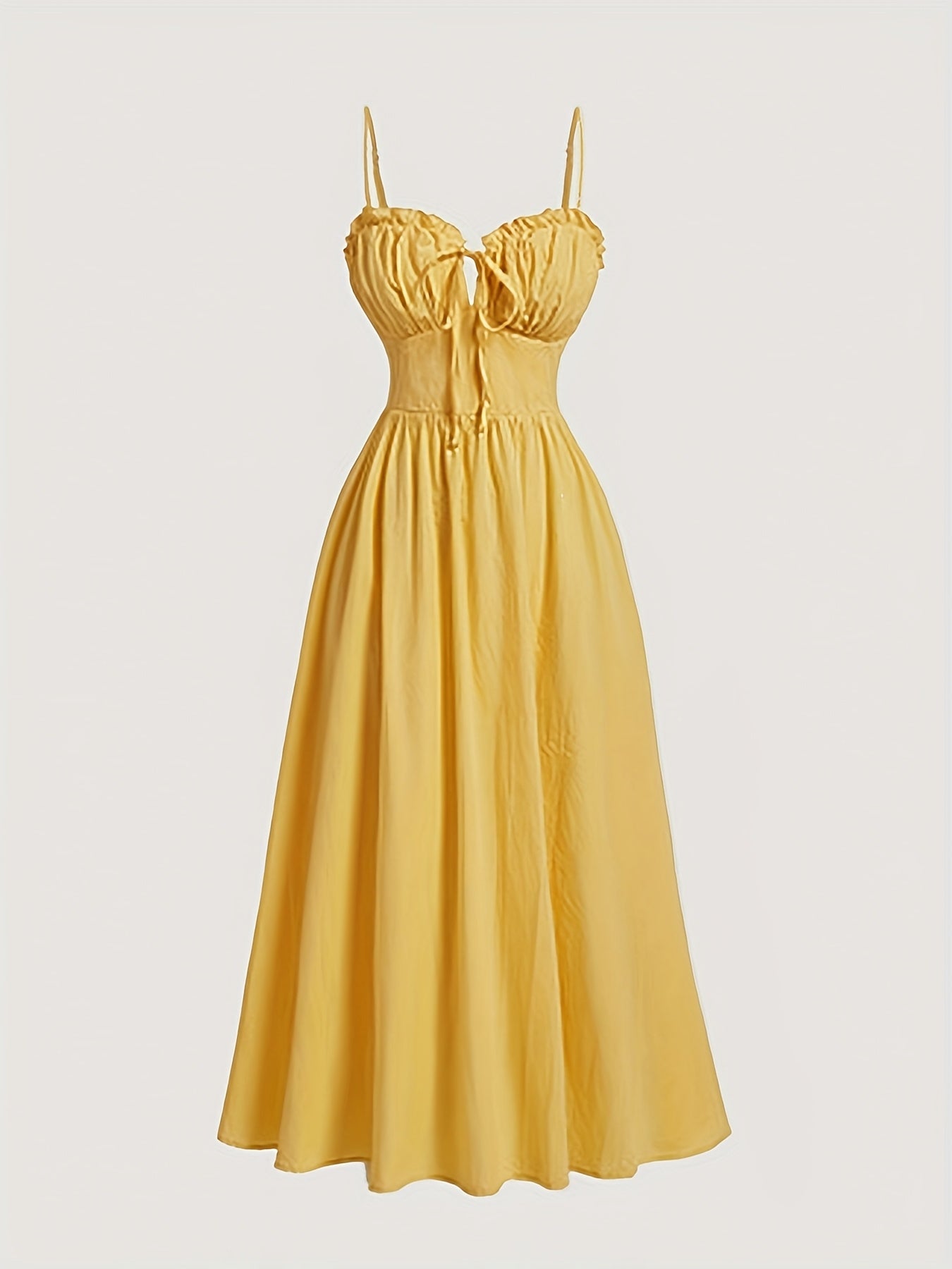 Mustard Yellow Spaghetti Suspender Dress for Teen Girls - Casual Solid Color with Adjustable Waist Tie, Lightweight Non-Stretch Fabric, Machine Washable, Regular Fit for Spring Summer Fall