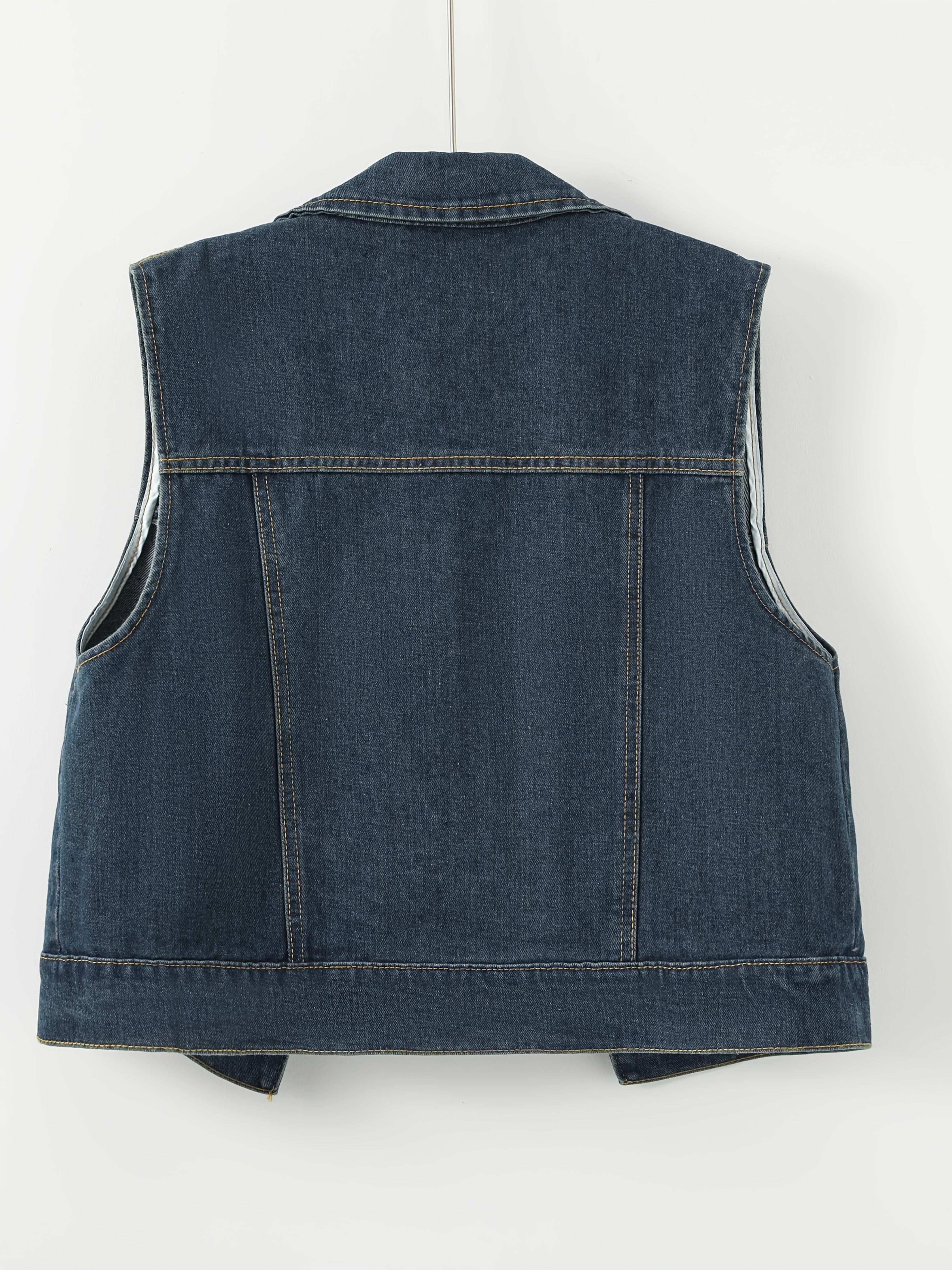 Women's Sleeveless Denim Vest - Retro Distressed Blue Washed -like Texture, Machine Washable All-Season Layering Piece, Casual Chic Short Jacket for Everyday Outfits, Sleek Flap Pockets