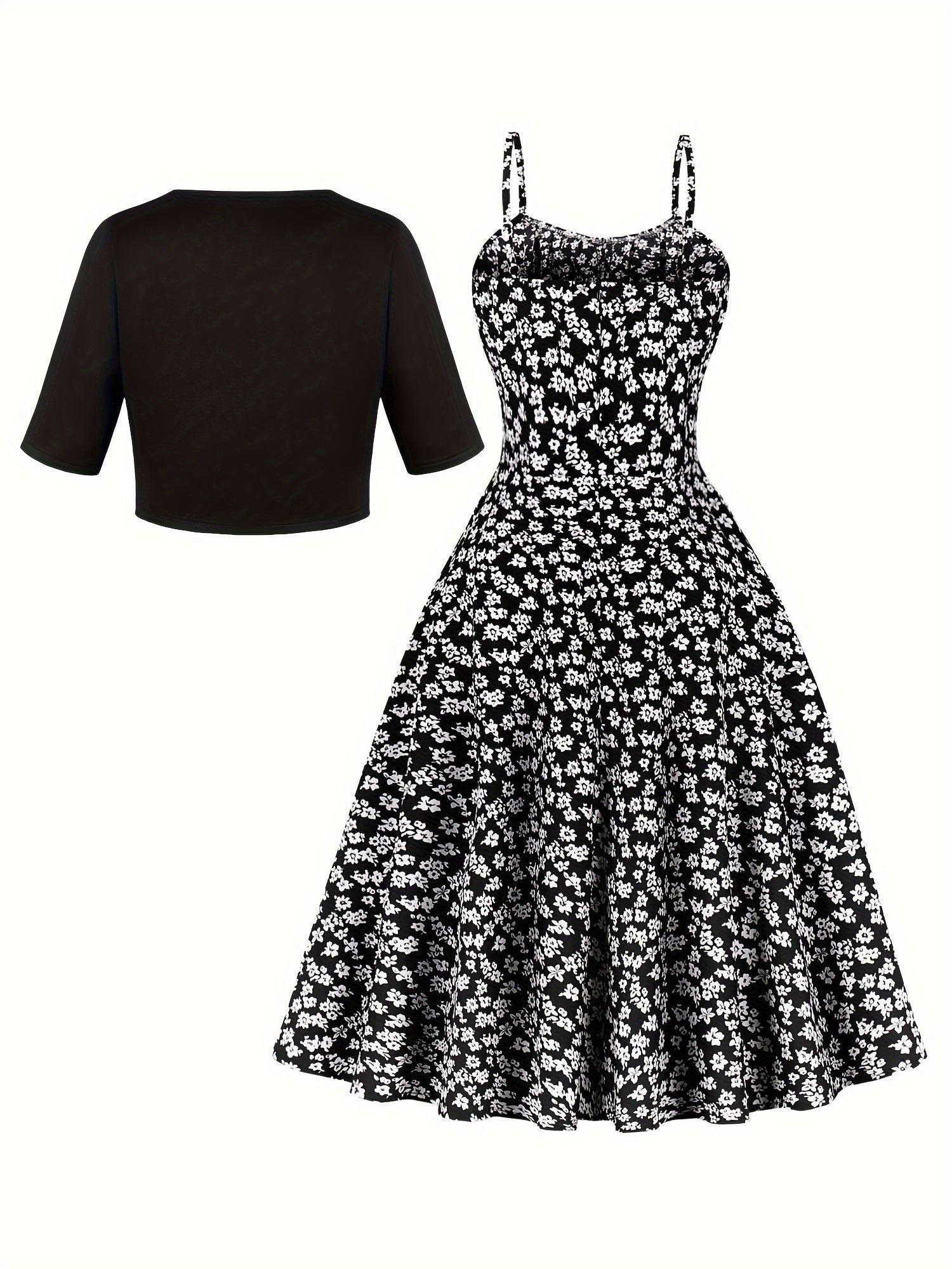 1pc Elegant Floral Print Two-Piece Dress Set, Polyester 100%, Crew Neck, Short Sleeve Top with Bow Detail, Woven Skirt, Spring\u002FSummer Party Outfit