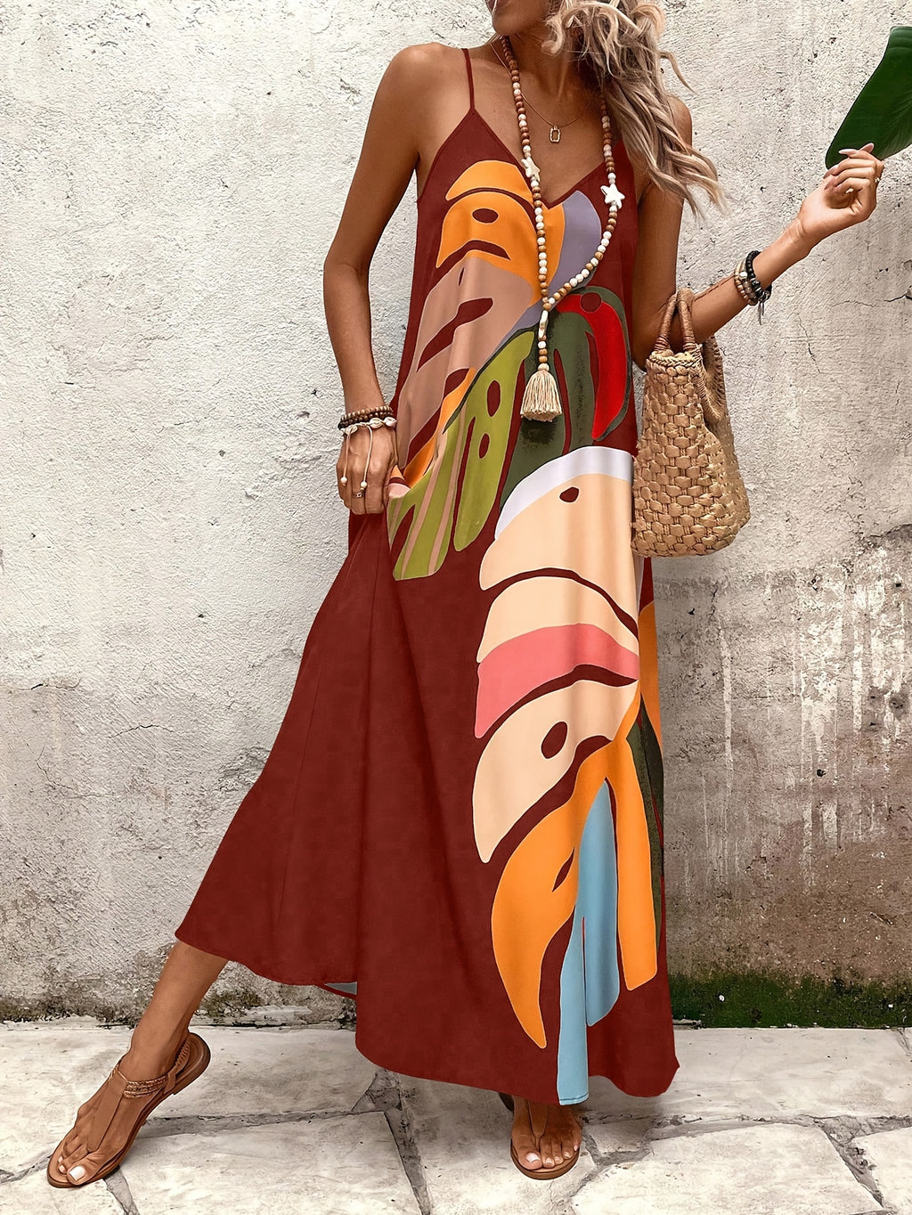 Women's Tropical Leaf Print Sleeveless Maxi Dress - Vibrant Orange & Green Loose Fit Summer Dress with Thin Straps, Machine Washable for Beach Vacations & Casual Outings, Warm Weather Clothing | Flowing Maxi Dress | Lightweight Fabric, Beach Dress