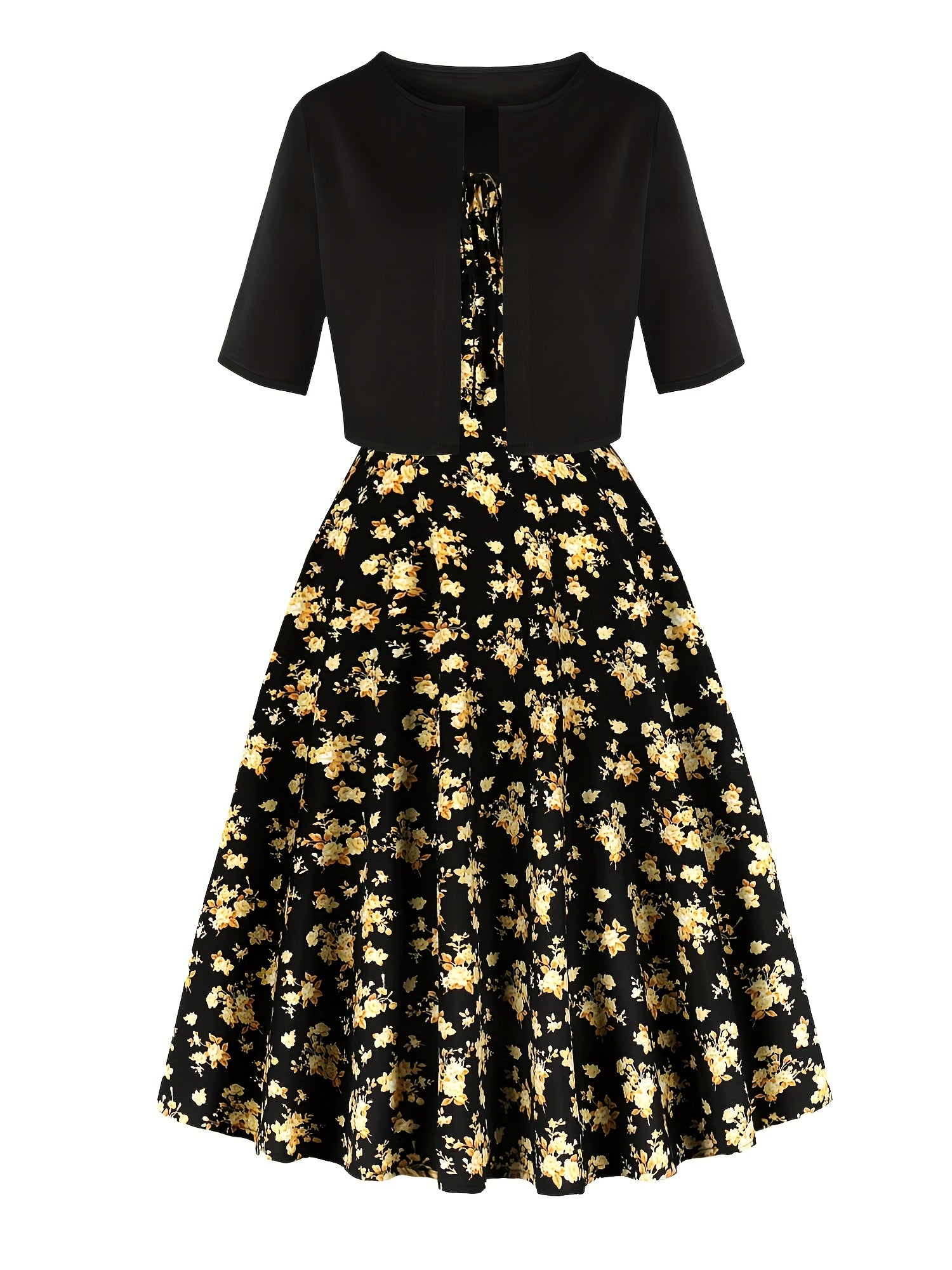 Charming Floral Strap Skirt Women's Sweet Versatile Black Blouse Dress Set