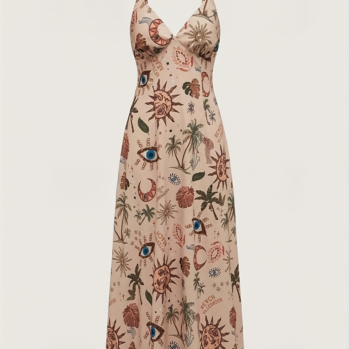 Vintage Floral Print Maxi Dress with V-Neck and Adjustable Spaghetti Straps - Sleeveless, Flowy Summer Dress for Women, Beige\u002FBlack, Polyester Lining, Perfect for Casual Outings