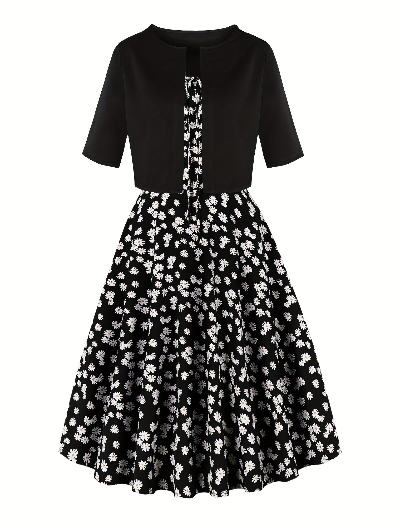 1pc Elegant Floral Print Two-Piece Dress Set, Polyester 100%, Crew Neck, Short Sleeve Top with Bow Detail, Woven Skirt, Spring\u002FSummer Party Outfit