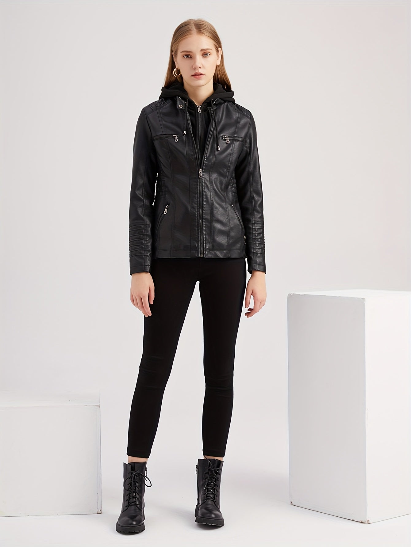 Women'S Elegant Black Hooded Jacket with Detachable Shoulder Straps - Perfect for Spring and Fall, Casual Style, Zipper Closure, Faux Leather Outerwear, Casual Jacket| Detachable Shoulder Straps|Zipper Closure Jacke