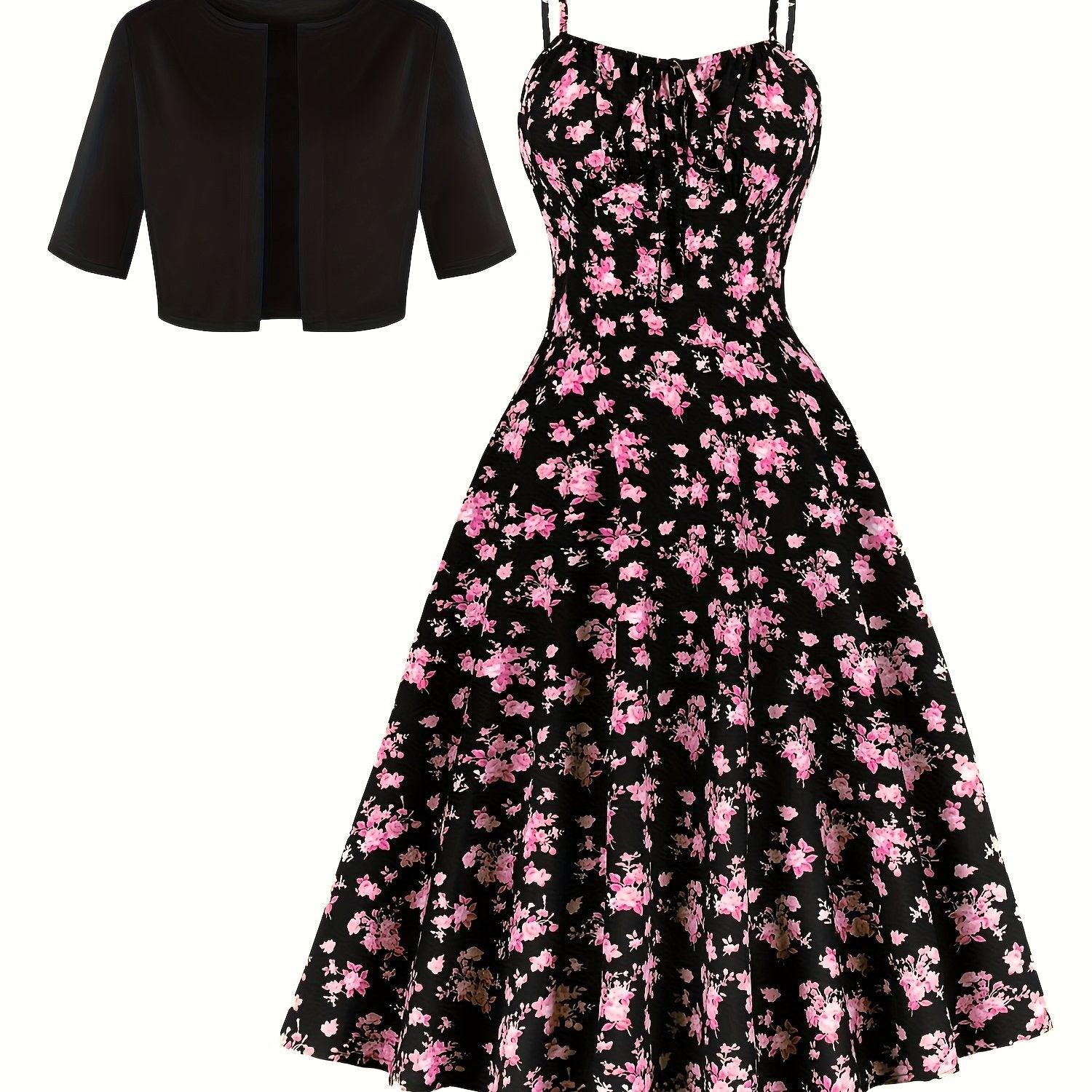 Charming Floral Strap Skirt Women's Sweet Versatile Black Blouse Dress Set