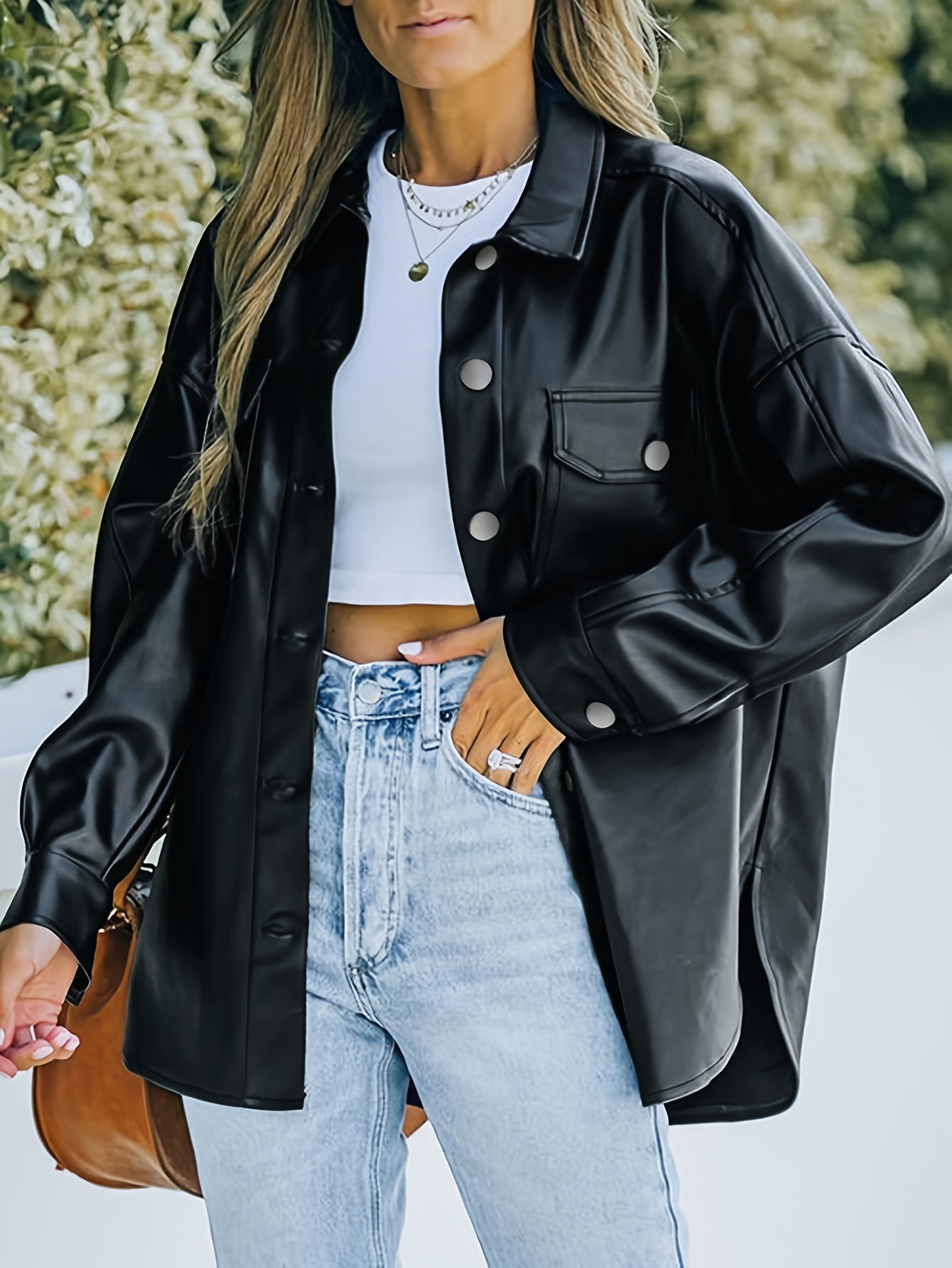 Spring\u002FSummer Women'S Faux Leather Jacket, Vintage Casual, Business, Elegant Style, Comfortable, Long Sleeve, Faux Leather, Side Waist, Split, Machine Washable, Daily Wear, Suitable for Spring, Summer, Autum