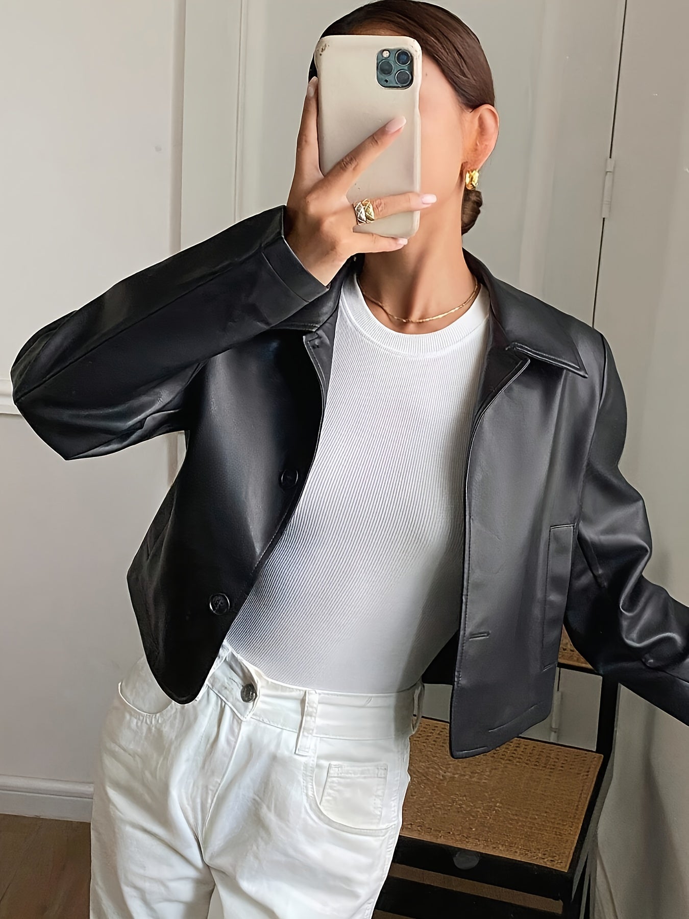 Women's Short Casual Solid Color Minimalist PU Leather Jacket - Button-Up, Non-Stretch Fabric, Perfect for Casual Attire, Allseason Outerwear | Buttonup Jacket | Durable Casual Wear