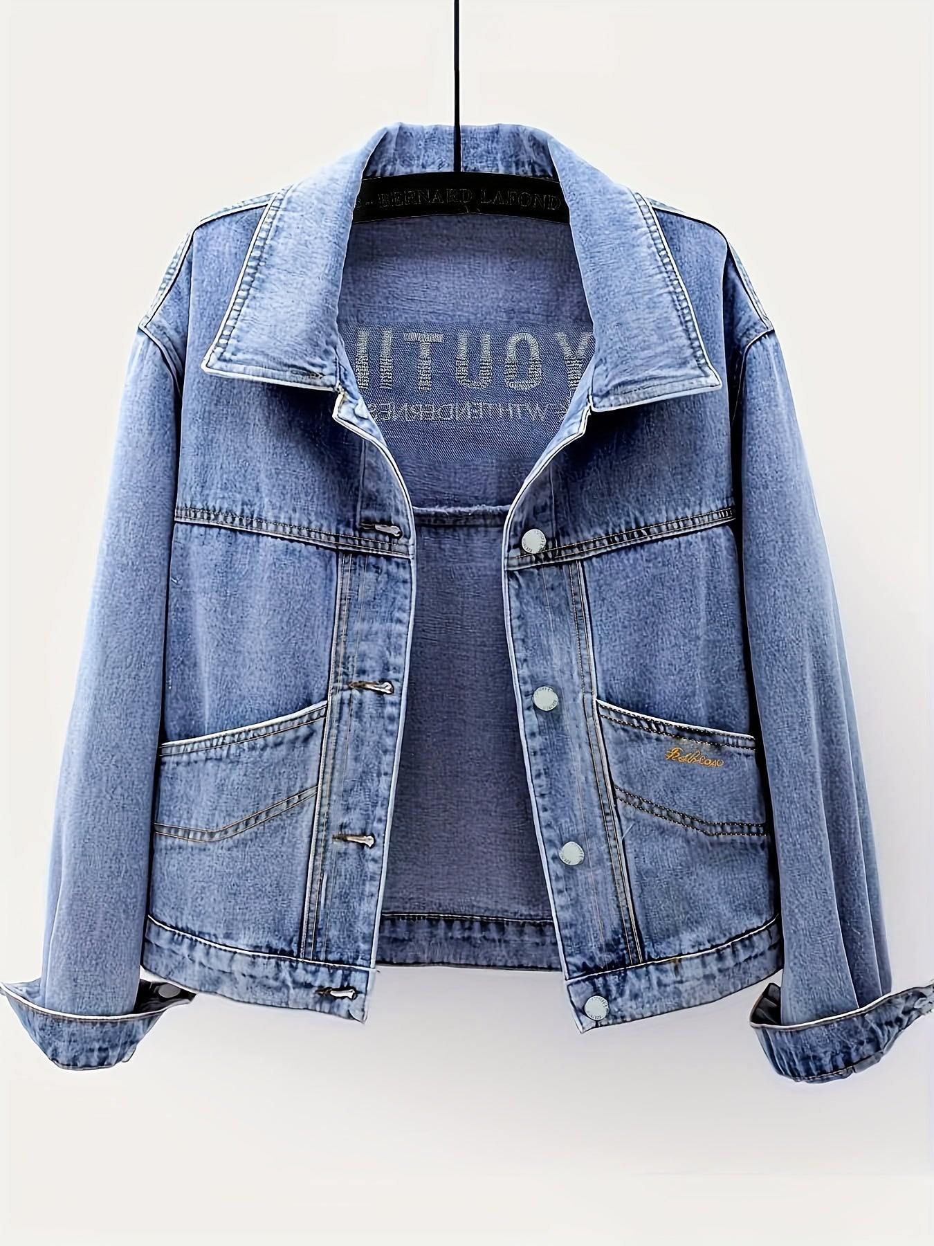 Women's Retro Slimming Loose Fit Short Jacket - 65% Blend Embroidered Letter Detail, Lapel Collar Spring\u002FFall Casual Outerwear, Versatile Blue Denim Coat for Casual Attire, Casual Women's Jacket | Embroidered Denim | Relaxed Fit Jacket
