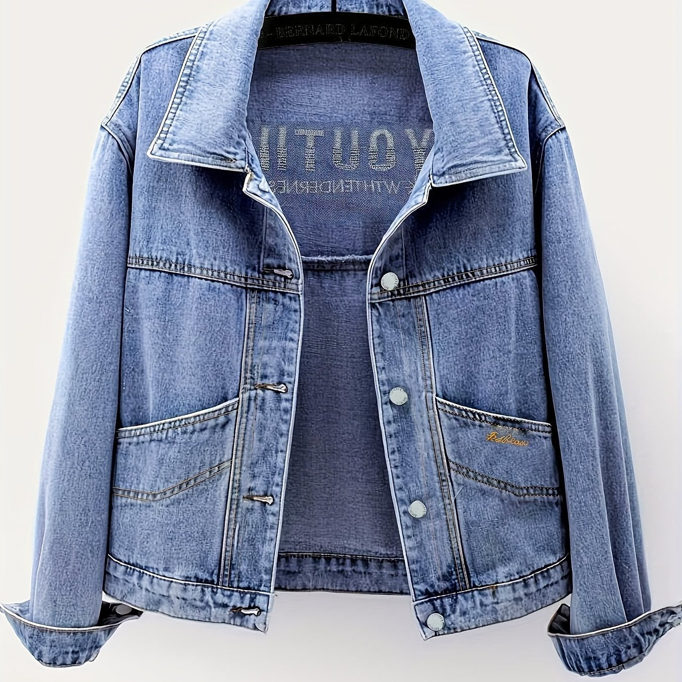 Women's Retro Slimming Loose Fit Short Jacket - 65% Blend Embroidered Letter Detail, Lapel Collar Spring\u002FFall Casual Outerwear, Versatile Blue Denim Coat for Casual Attire, Casual Women's Jacket | Embroidered Denim | Relaxed Fit Jacket