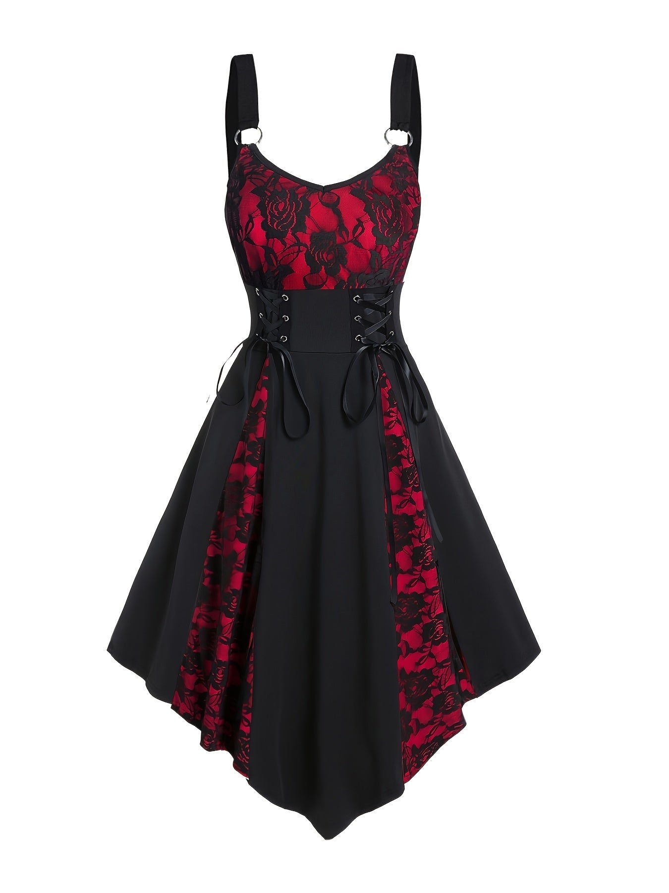 1pc Vintage V-Neck Lace-Up A-Line Dress for Women, Sleeveless Floral Lace Contrast, Heart-Shaped V-Line, Lace Detail, Polyester & Spandex, Elegant Party Dress for All Seasons