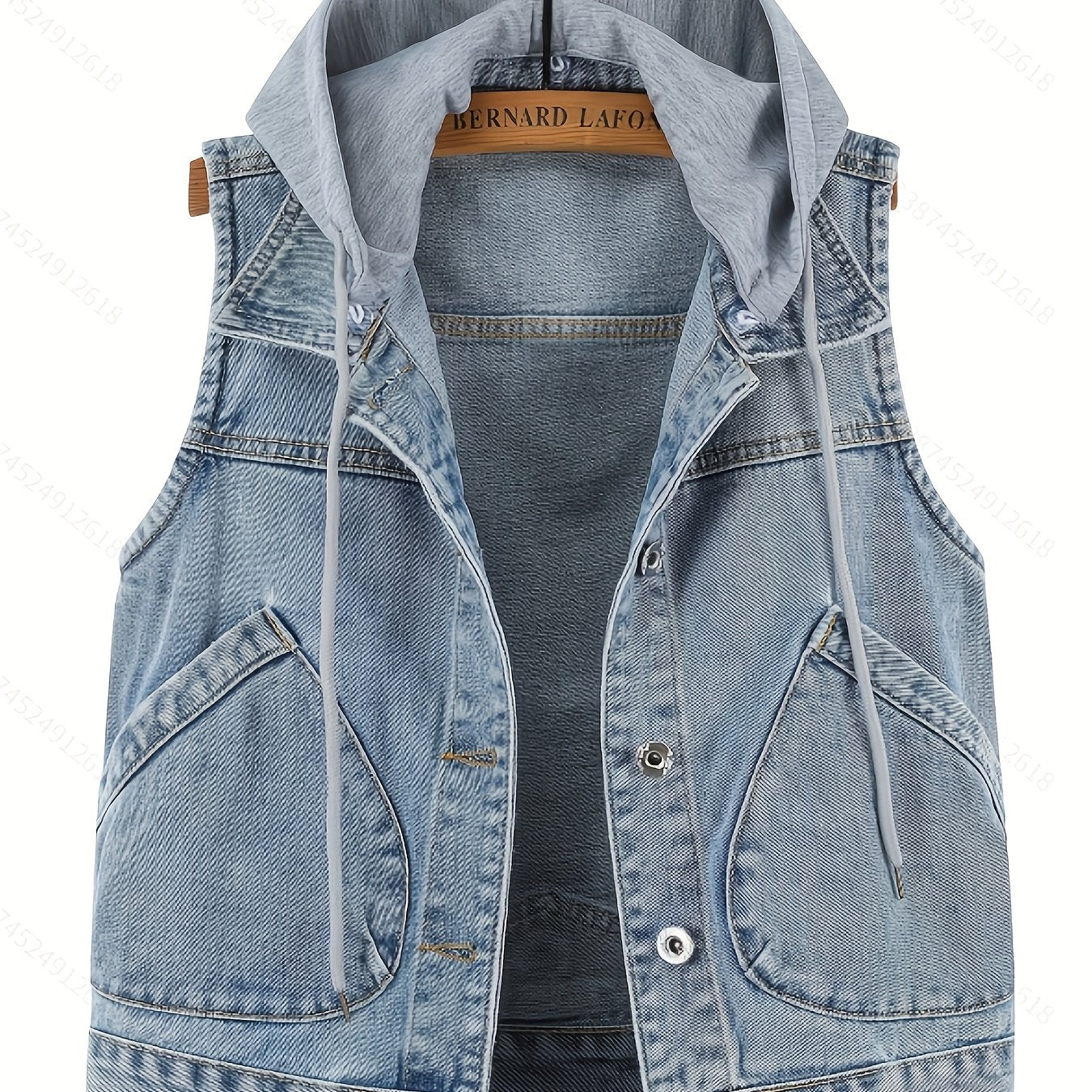 A Loose-Fitting Spring And Autumn Jacket in a Trendy Korean Style, Featuring Versatile Square Slant Pockets, Sleeveless Design, Short Length, And Single-Breasted Closure. The Hood Is Detachable, Making It a Stylish Hoodie Jacket.