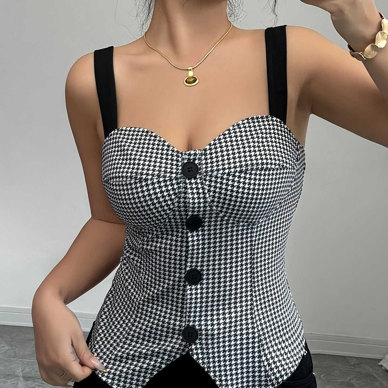 Chic Black & White Houndstooth Sleeveless Vest for Women - Adjustable Spaghetti Straps, V-Neckline, Single Row Buttons, Lightweight Polyester, Perfect for Spring, Summer & Fall Outfits, Stylish Layering Piece | Vneck Vest | Functional Design