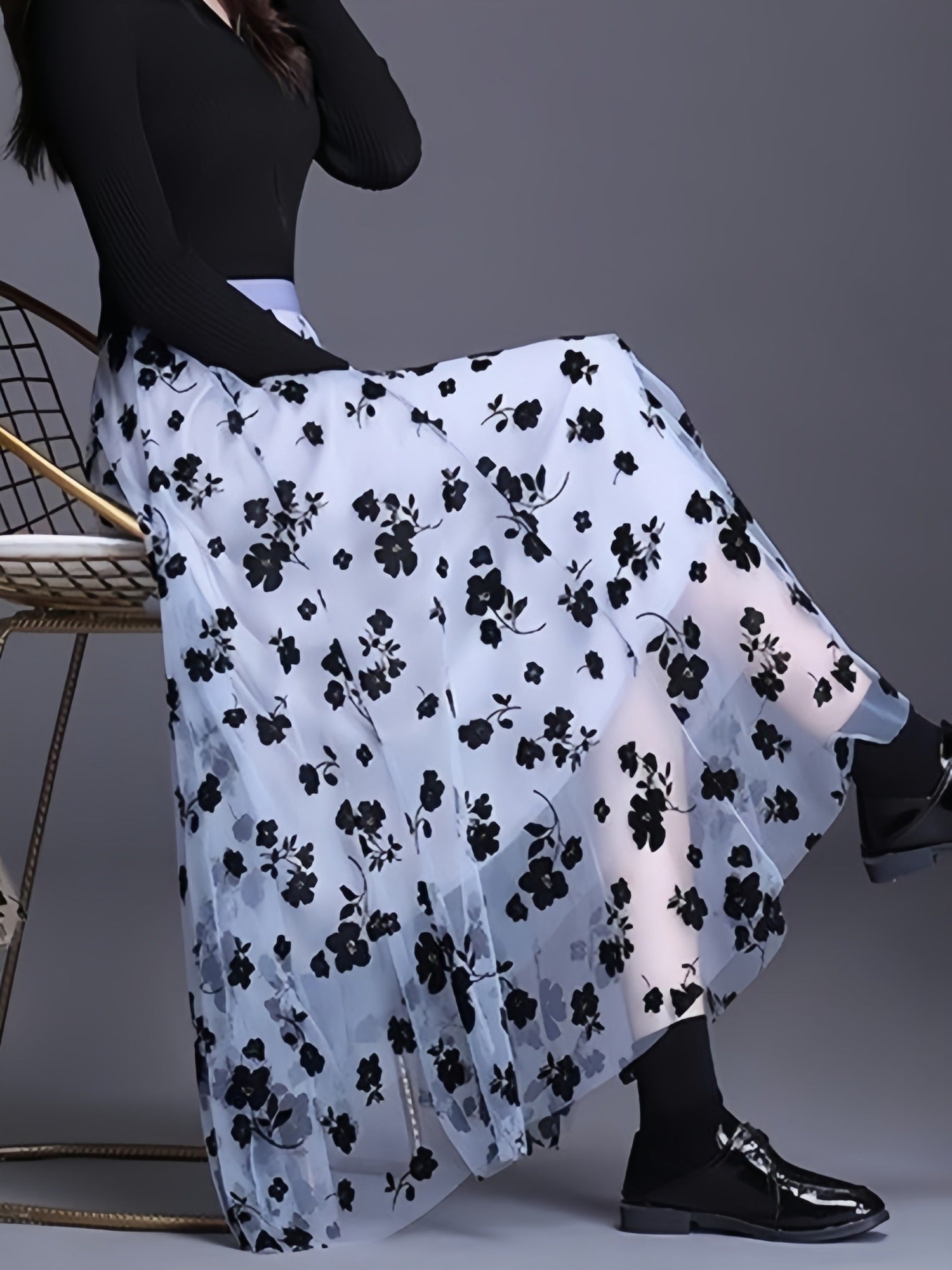 Directional Elegant Floral Printed Mesh Skirt, High-Waisted Casual Long Skirt, Women'S Clothing