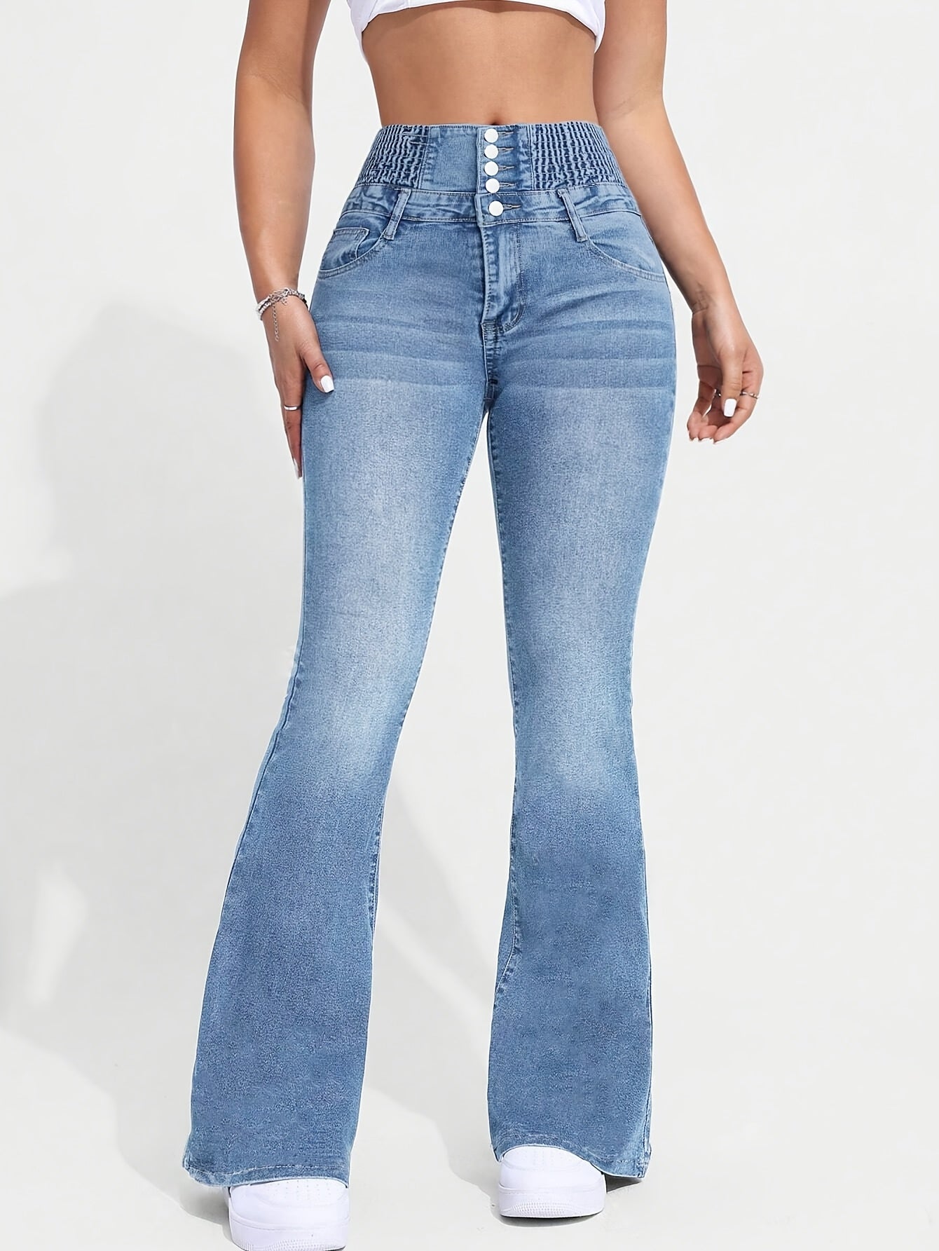 Women's High-Waist Stretch Denim Flare Jeans with Front Button Closure, Comfortable Bell Bottoms in Light Blue Washed Finish, Elegant & Trendy Design for Casual Attire