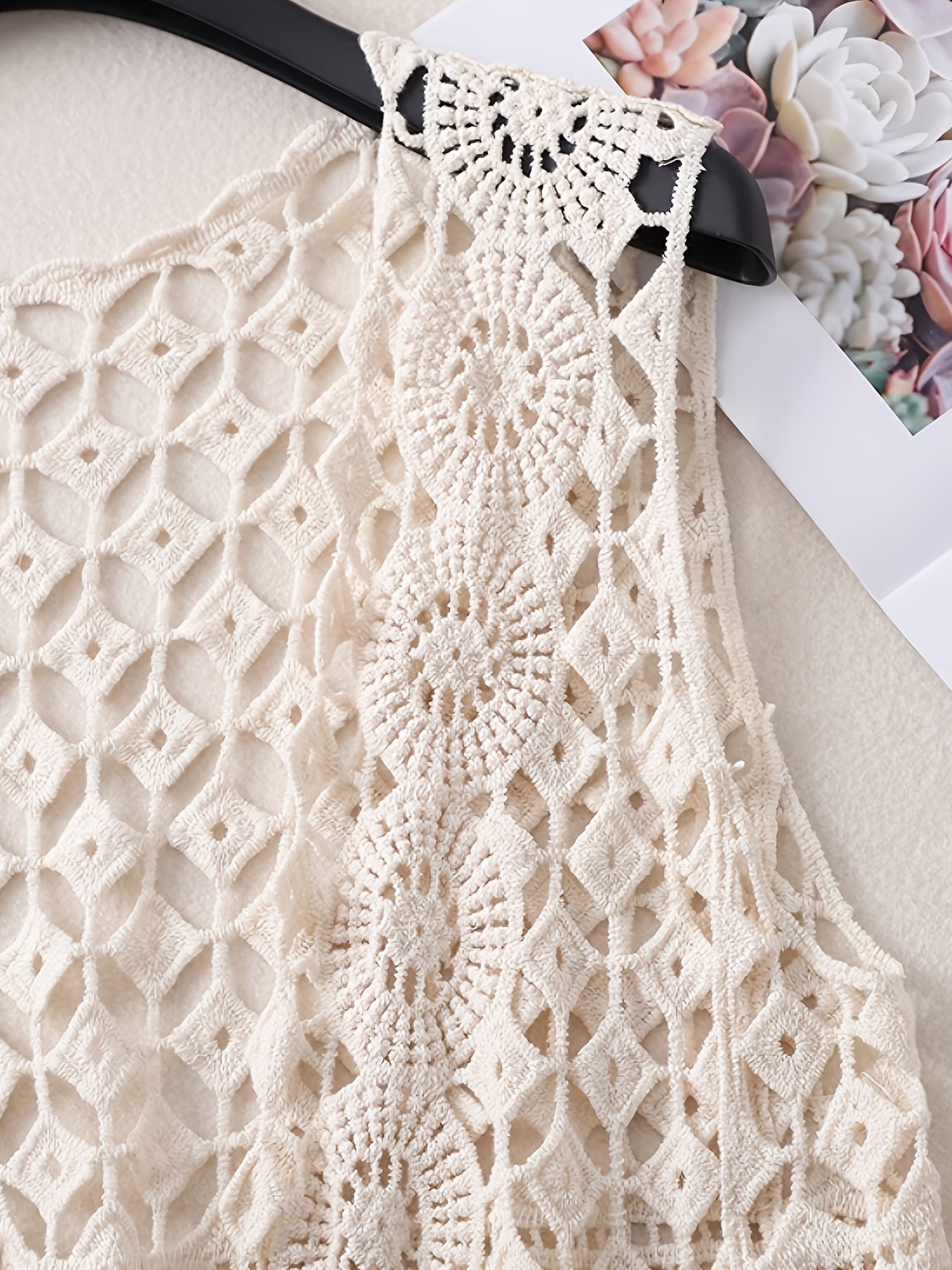 Boho Chic Cotton Breathable V-Neck Cardigan Vest for Women - Sleeveless, Hollow Out Design with Geometric Pattern, Perfect for Spring\u002FSummer, Short Fashion, Outdoor Wear, 14-16