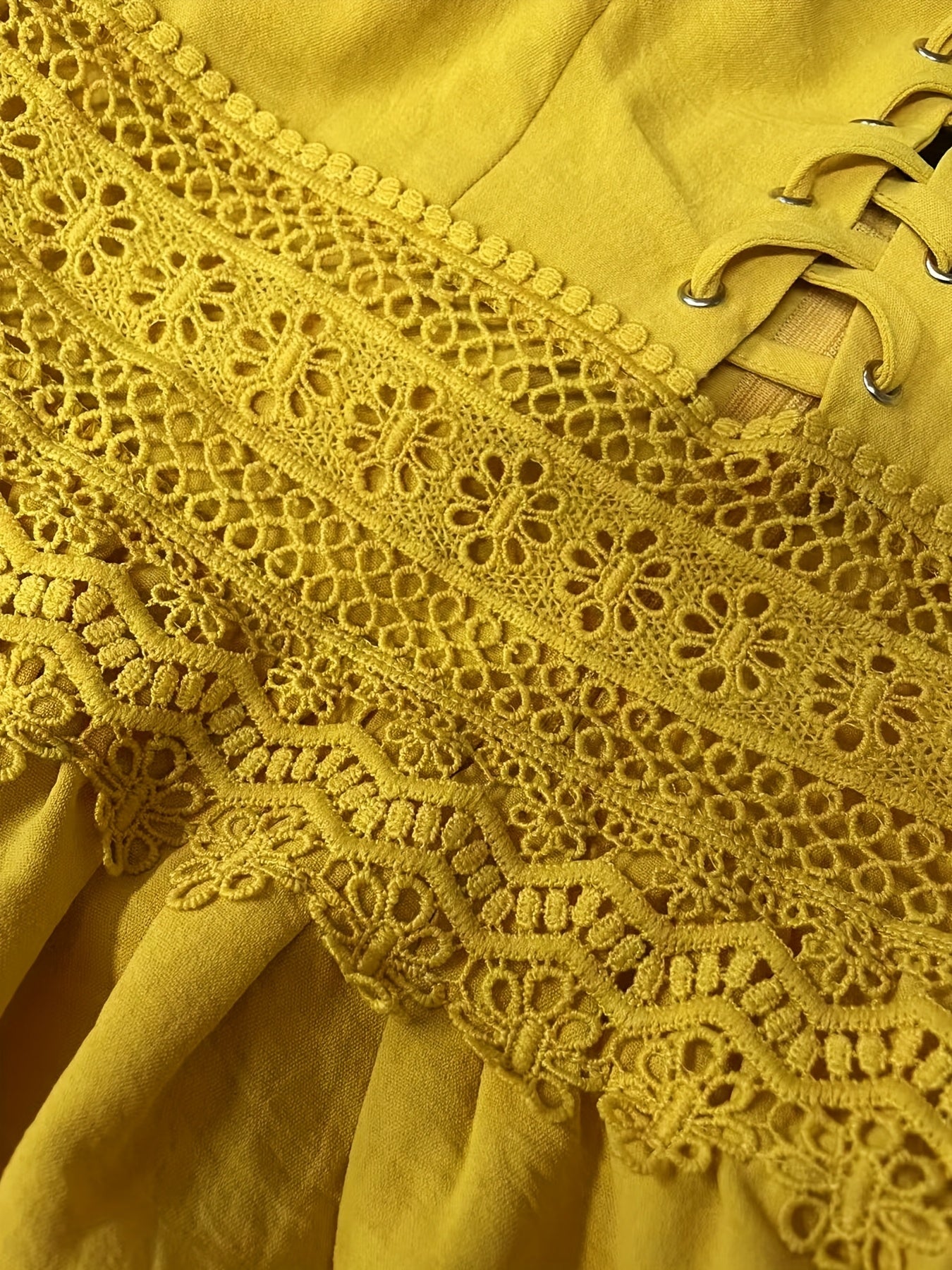 Women's Elegant V-Neck Lace Trim Tiered Maxi Dress - Mustard Yellow with Adjustable Back Ties, Fitted Bodice & Flowy Skirt, Machine Washable for Spring Summer Fall, Lace Dress