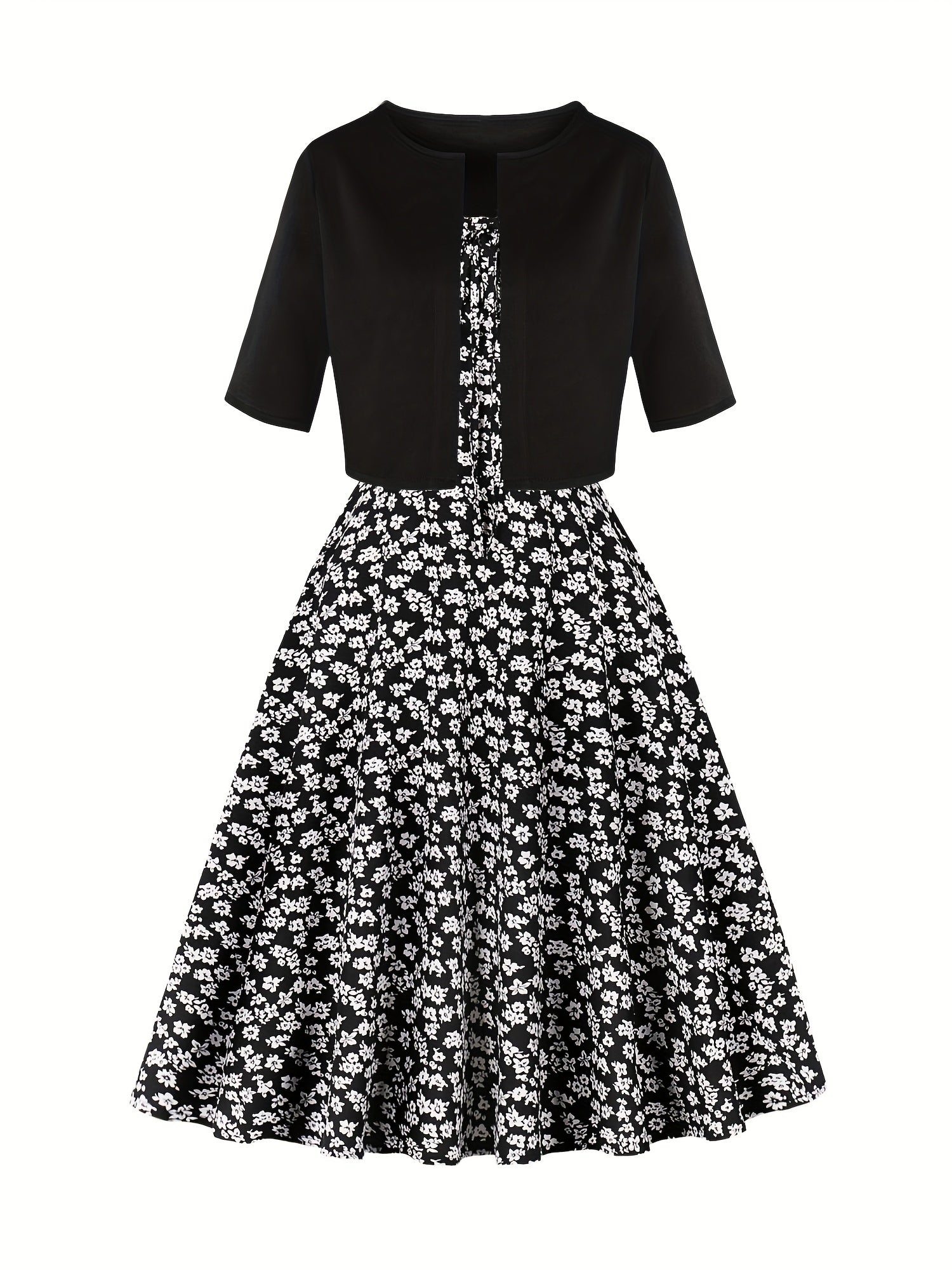 1pc Elegant Floral Print Two-Piece Dress Set, Polyester 100%, Crew Neck, Short Sleeve Top with Bow Detail, Woven Skirt, Spring\u002FSummer Party Outfit