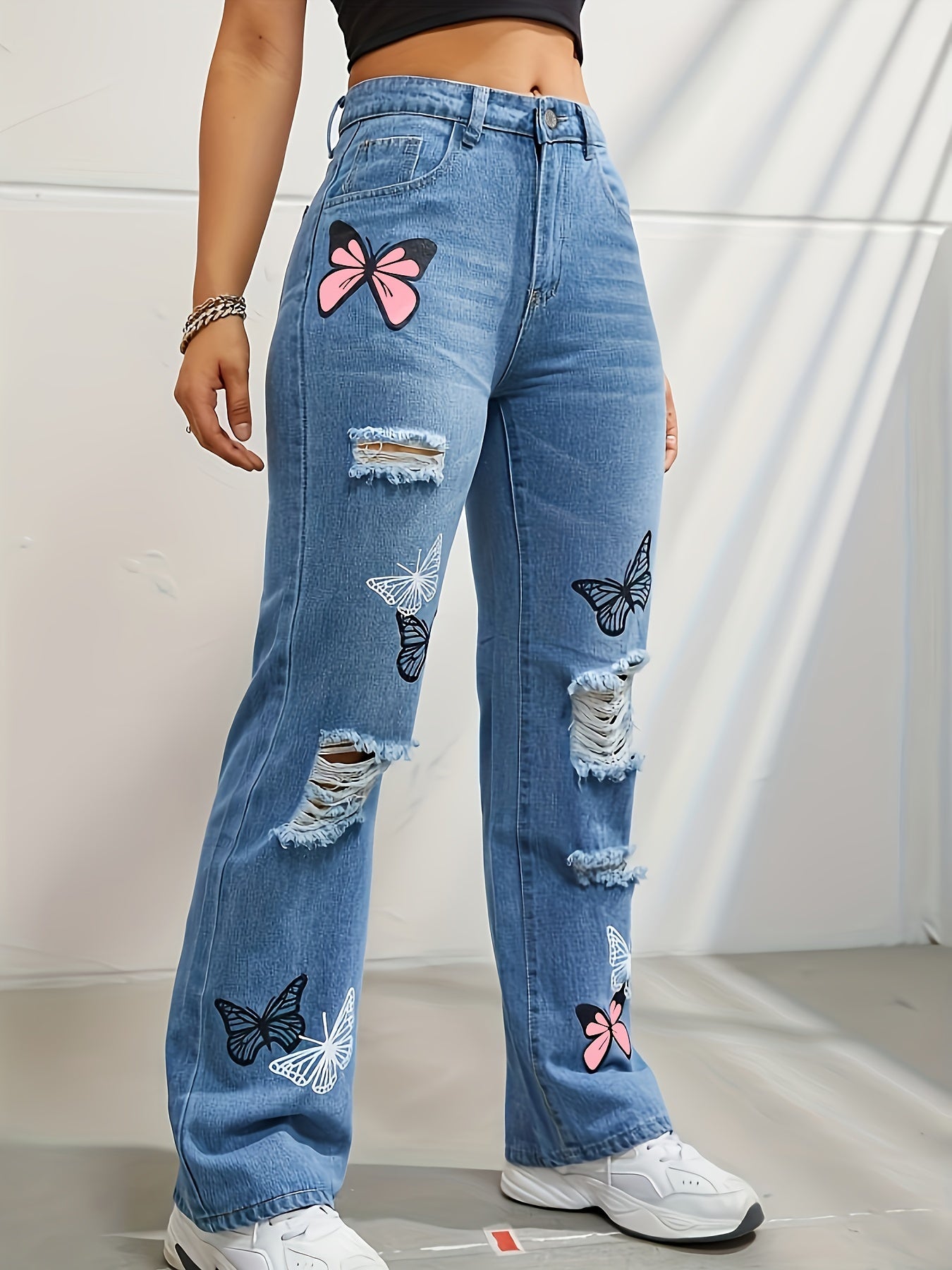 Women's High-Waist Distressed Butterfly Print Straight-Leg Jeans - Light Blue Denim with Black & Pink Butterfly Design, Ripped Detail, Casual Spring\u002FSummer Style, Butterfly Pants